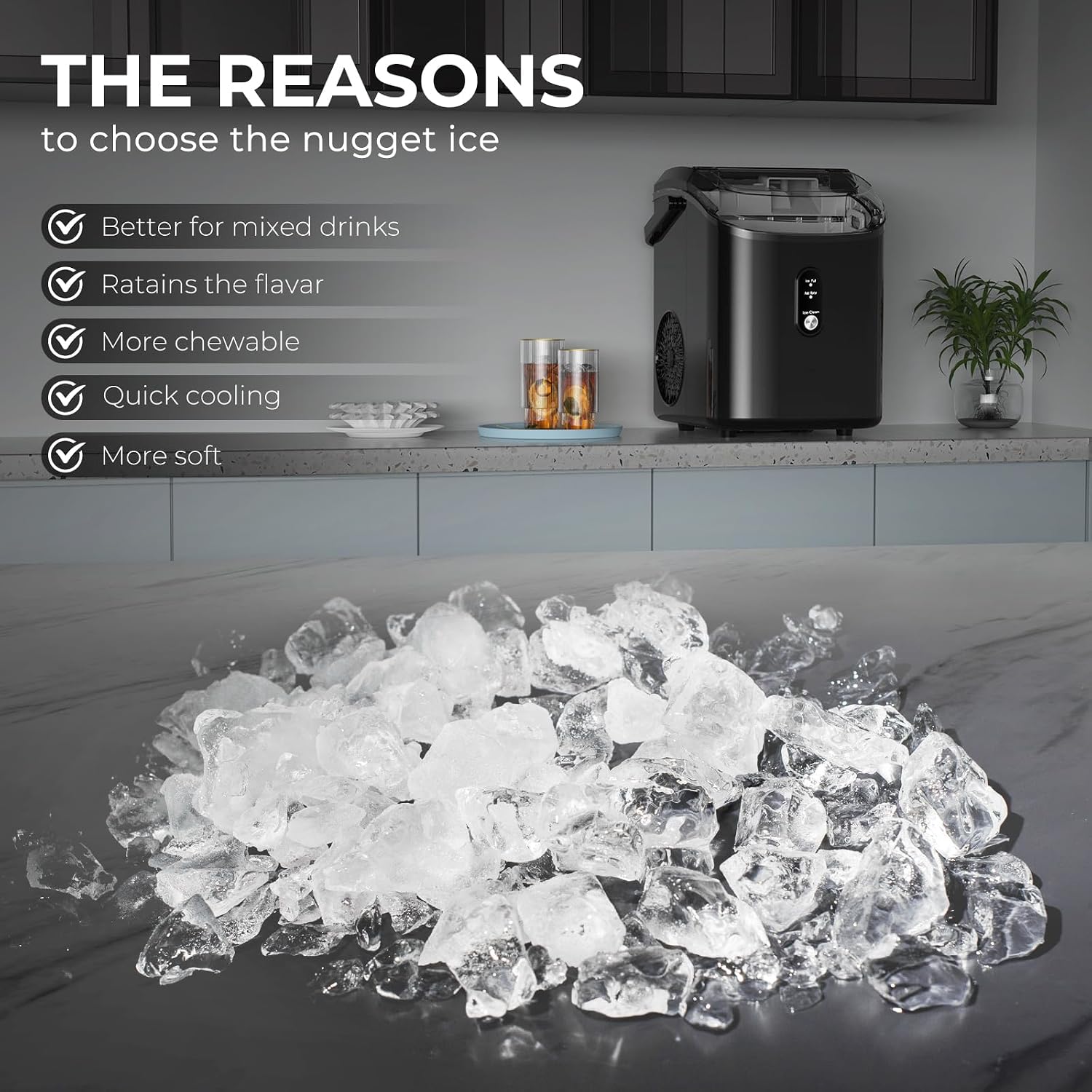 Nugget Ice Maker Countertop, 35.5Lbs/24Hrs Chewable Sonic Ice Machine with Self-Cleaning, Handle, Water Tank, Quiet Operation & Portable Pellet Ice Maker for Home, Office, Kitchen, Bar, Black