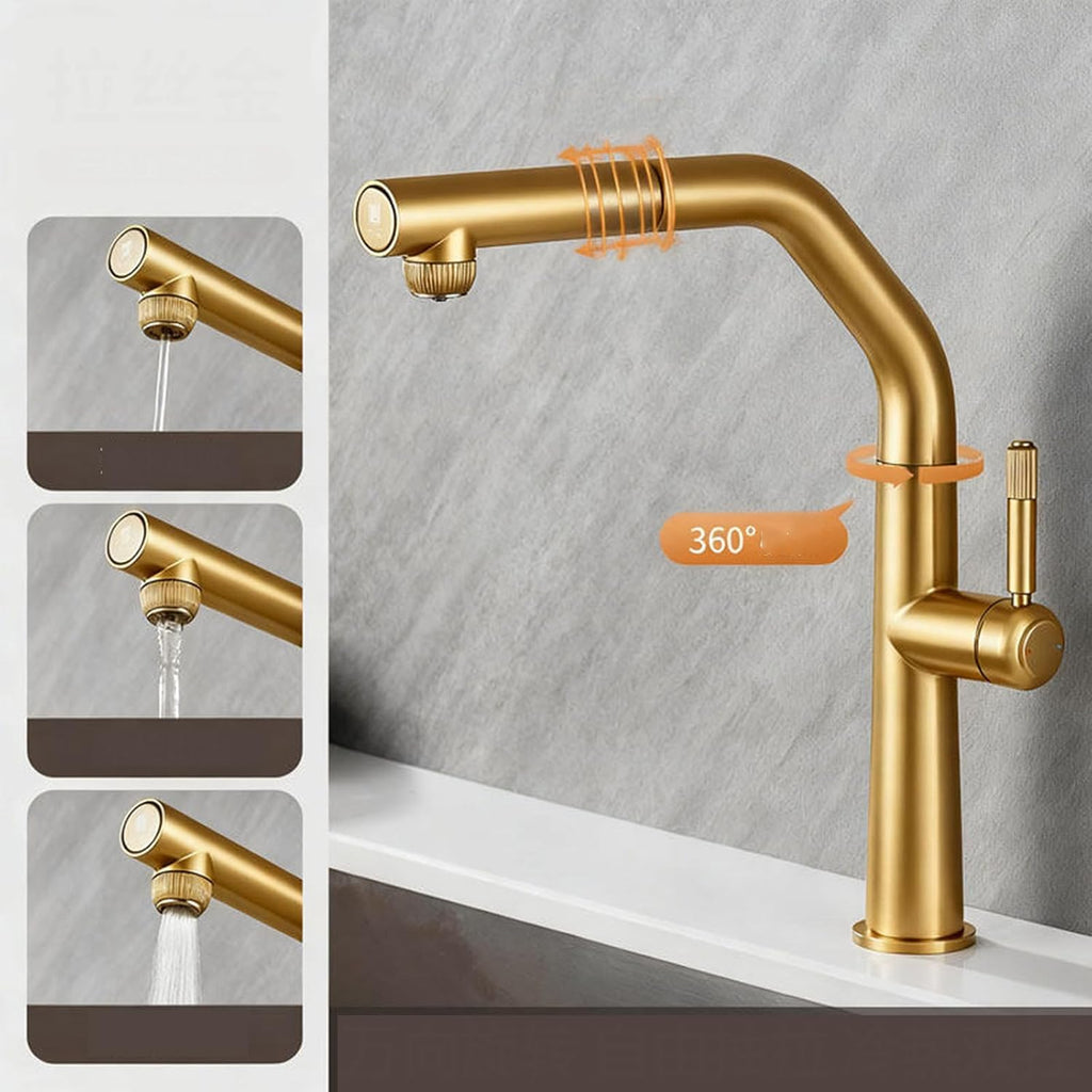 3 Way Pull Out Kitchen Faucet Brass 360° Swivel Single Handle 3 Way Filter Faucet for Kitchen Sink-Brushed Gold