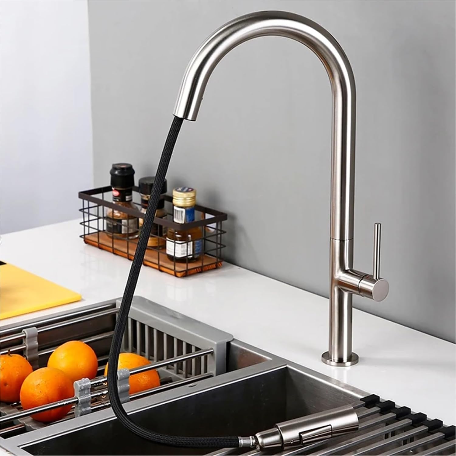 Kitchen Mixer Sink Tap Hot Cold Water 360 Degree Rotation Pull Out Brass Faucet(Polished Chrome)
