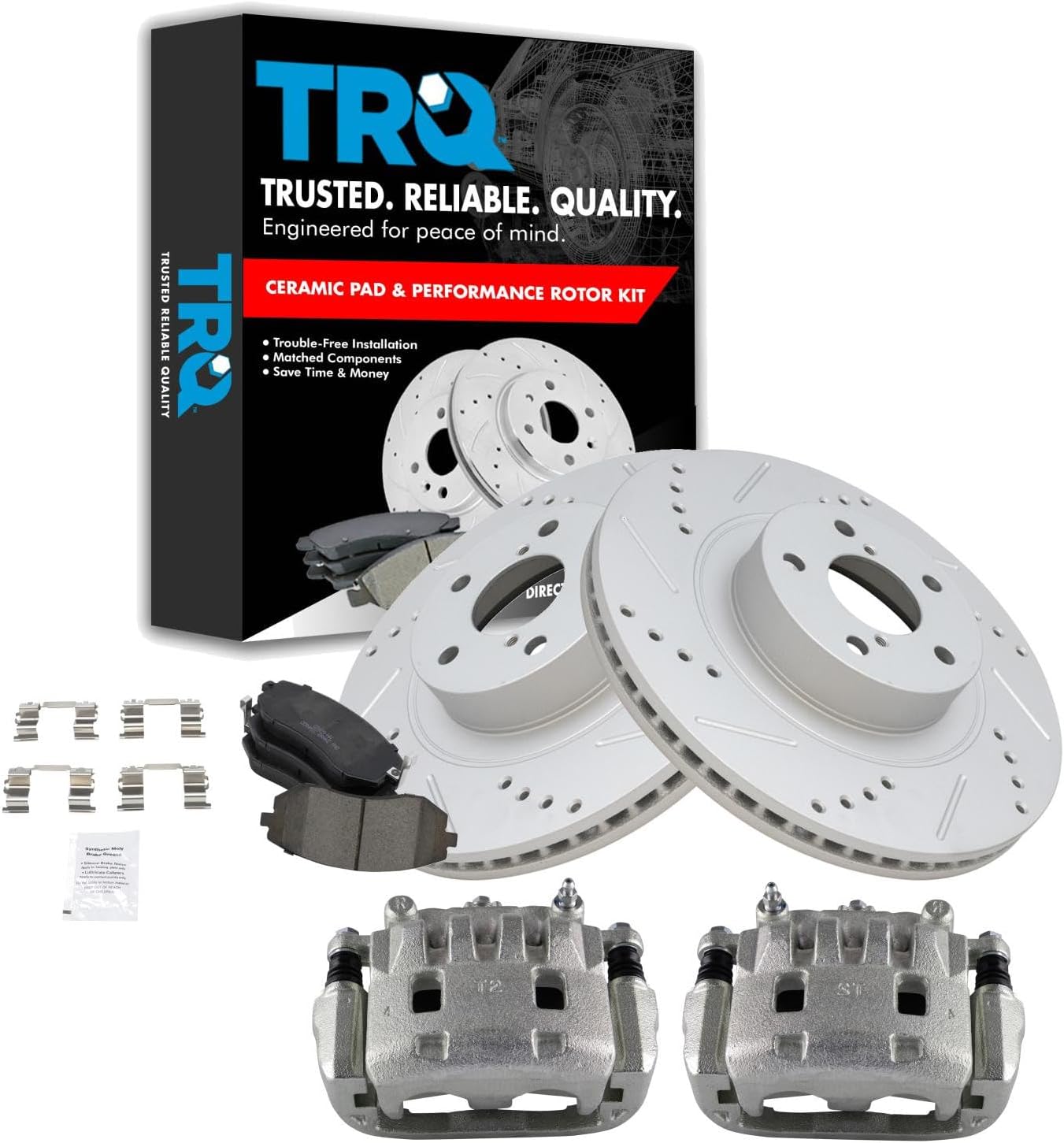 TRQ Performance Front Brake Pad and Rotor Set Ceramic Slotted Drilled G Coated Vented Rotors Calipers Compatible with 2005-2006 Subaru Baja 2009-2010 Forester 2006-2012 Legacy 2005-2012 Outback