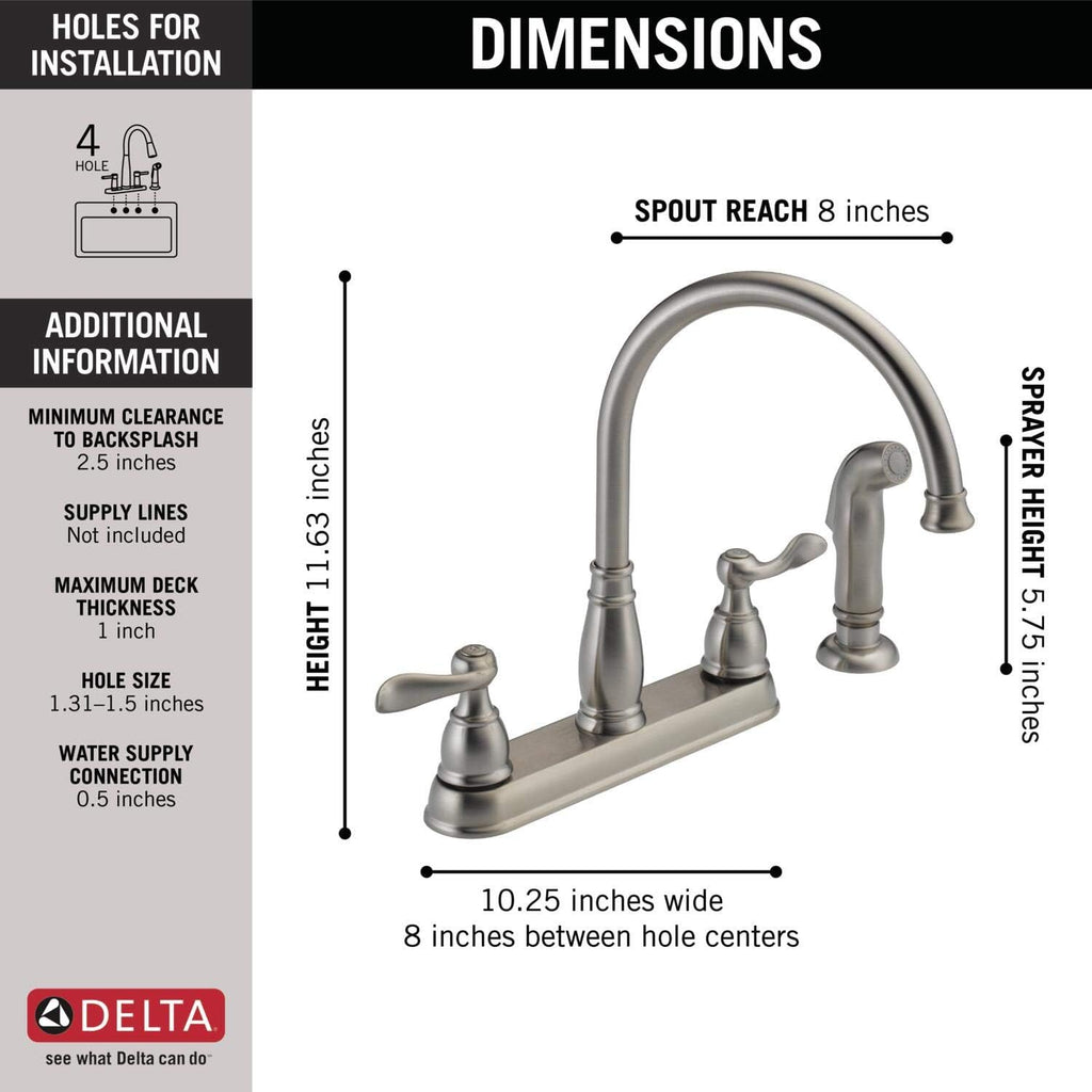 Delta Windemere Brushed Nickel Kitchen Faucet with Side Sprayer, Traditional 4 Hole Kitchen Sink Faucet, Two-Handle, Stainless 21996LF-SS