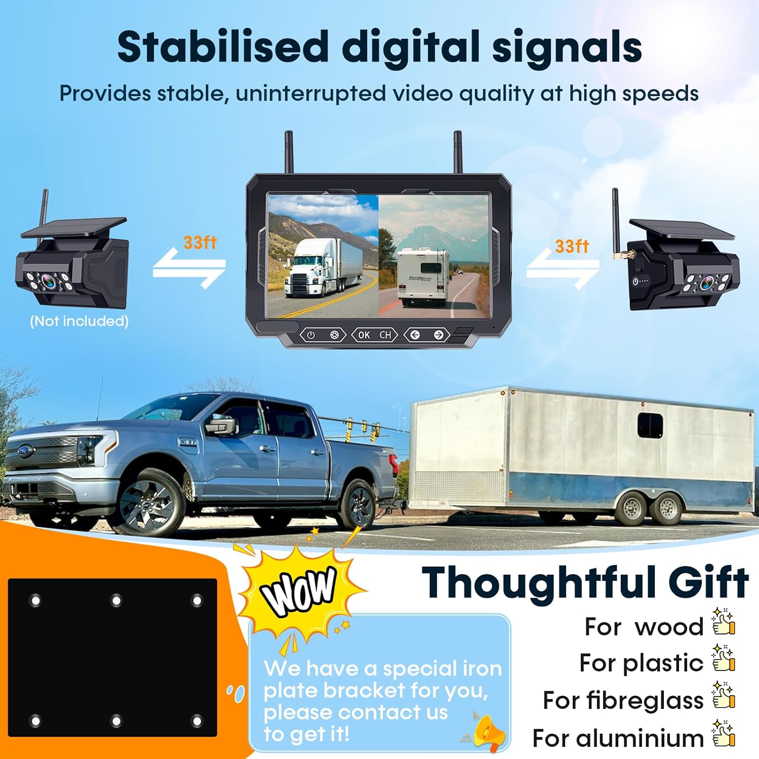 1080P HD Wireless Backup Camera: 1-Min Magnetic Easy Install No Wiring 7' Anti-Glare Monitor with Clear Night Vision - 24H Long Life Solar Scratch-Proof Rear View Camera for Truck Trailer SUV Small RV