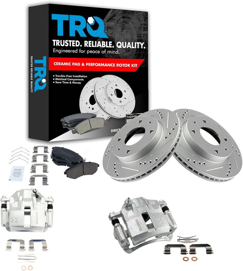 TRQ Performance Front Brake Pad and Rotor Set Ceramic Vented Coated Rotors Calipers Compatible with 2002 Hyundai Elantra