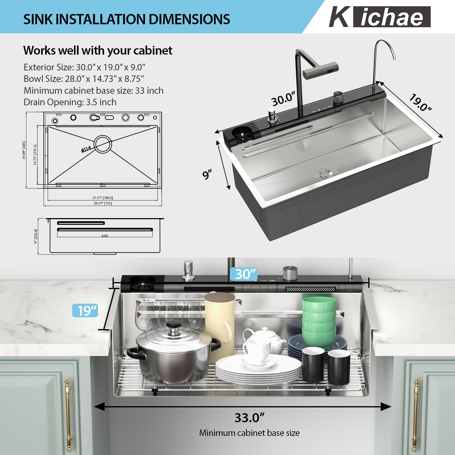 Kichae 30 Kitchen Sink Drop In - 30 x 19 Drop Sink Stainless Steel 16 Gauge Ledge Workstation Single Bowl Topmount Over Mount Kitchen Sink Handmade Basin