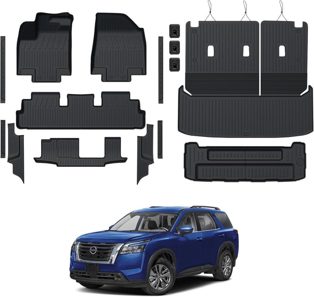 Floor Mats for Nissan Pathfinder 2022-2025 2026, All Weather Floor Mats Trunk Cargo Liner with Backrest Protectors and Door Sill Guards Accessories, Full Coverage Set (Fit 7/8 Seats)
