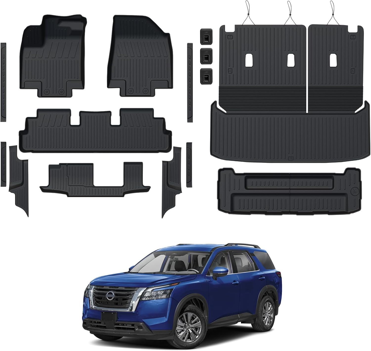 Floor Mats for Nissan Pathfinder 2022-2025 2026, All Weather Floor Mats Trunk Cargo Liner with Backrest Protectors and Door Sill Guards Accessories, Full Coverage Set (Fit 7/8 Seats)