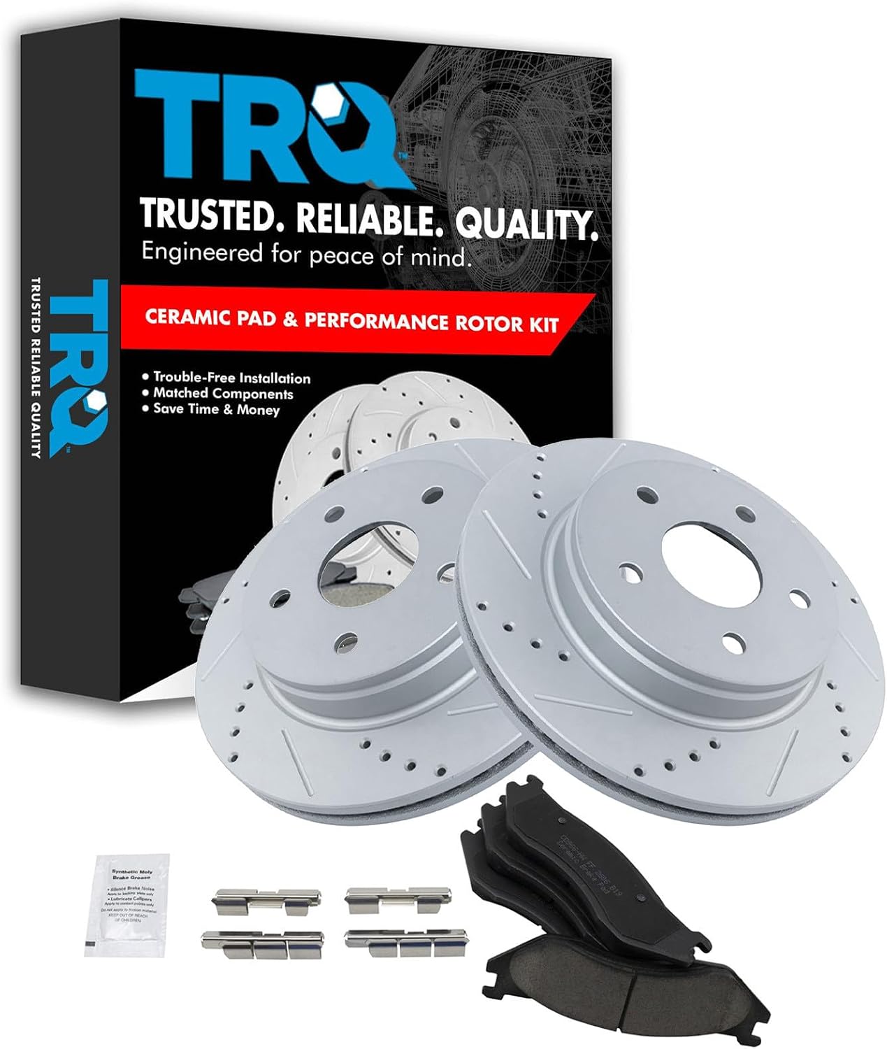 TRQ Performance Front Brake Pad and Rotor Set Ceramic Drilled Slotted G Coated Vented Rotors Compatible with 2003-2005 Dodge Ram 1500 2004-2006 Durango