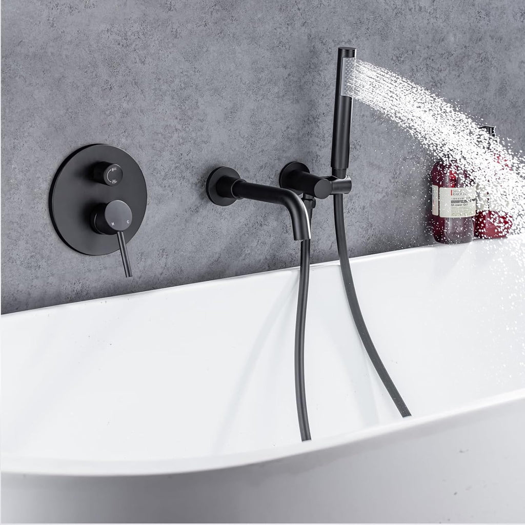AZOS Wall Mounted Bathtub Faucet with Handheld Shower, High Flow Rate Tub Filler Faucet Set with 360° Swivel Spout Fixtures, Matte Black Tub Faucets