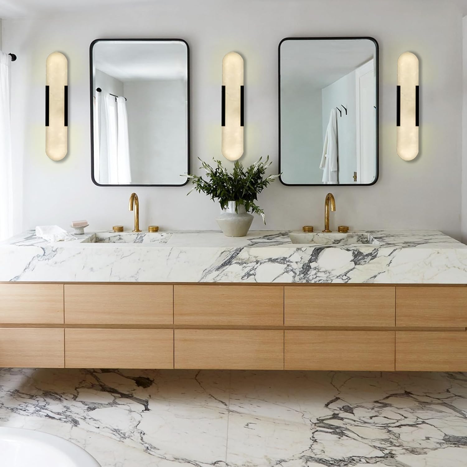 YIOSI 20'' Alabaster Wall Sconces Set of 2, Alabaster Marble Wall Sconce Light, Black Vanity Lights Modern Bedside Wall Lamp for Bathroom Bedroom Hallway Living Room Stairs Fireplace Kitchen