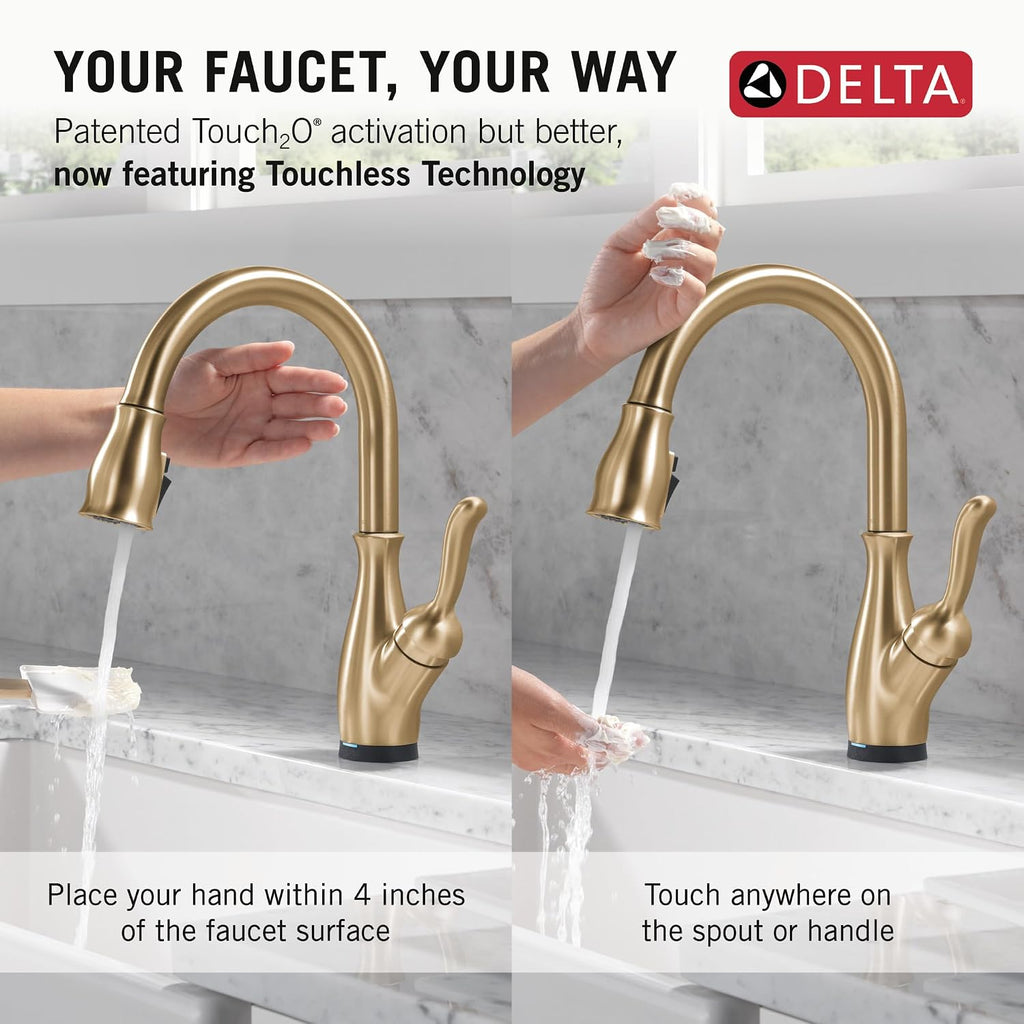 Delta Leland Touchless Kitchen Faucet with Touch Technology, Brushed Gold Kitchen Sink Faucet with Pull Down Sprayer, Single Hole, Champagne Bronze 9178TL-CZ-DST