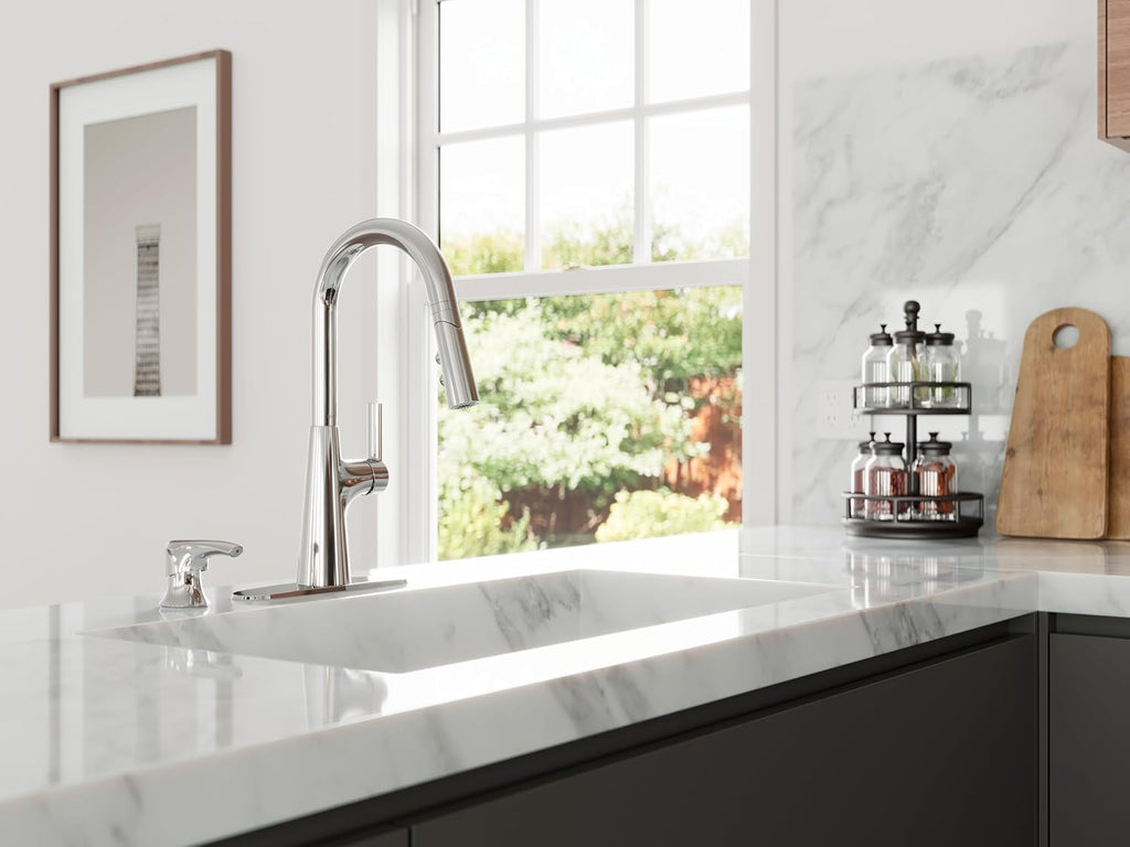 Pfister Tasso Kitchen Faucet with Pull Down Sprayer and Soap Dispenser, Single Handle, High Arc, NSF Certified, Polished Chrome Finish, F5297TSOC
