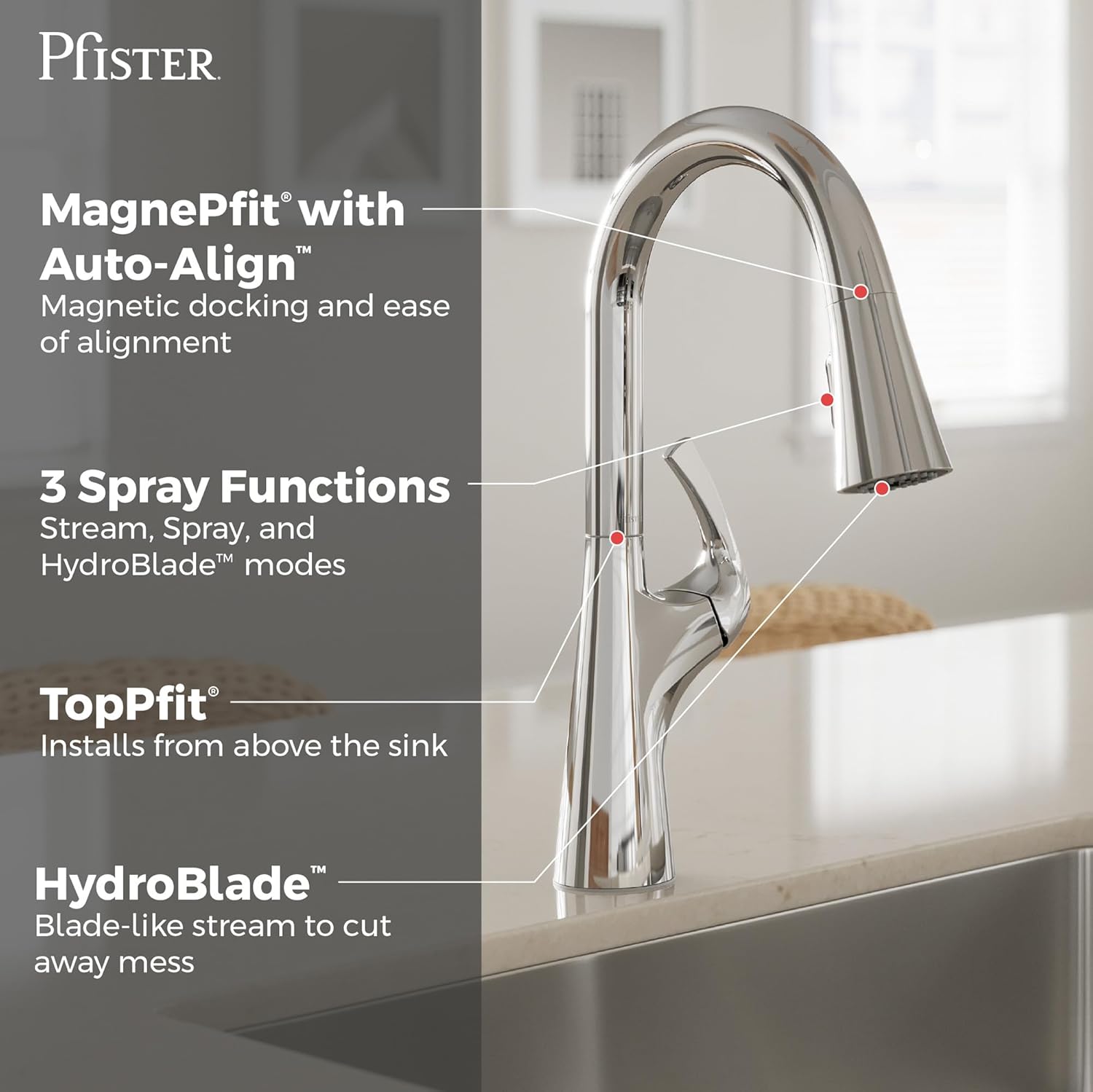 Pfister Talega Pull-Down Kitchen Faucet with Sprayer in Polished Chrome - Single Handle High Arc Kitchen Sink Faucet with 3 Water Settings, 360° Swivel Spout and MagnePfit Docking F5297TEC