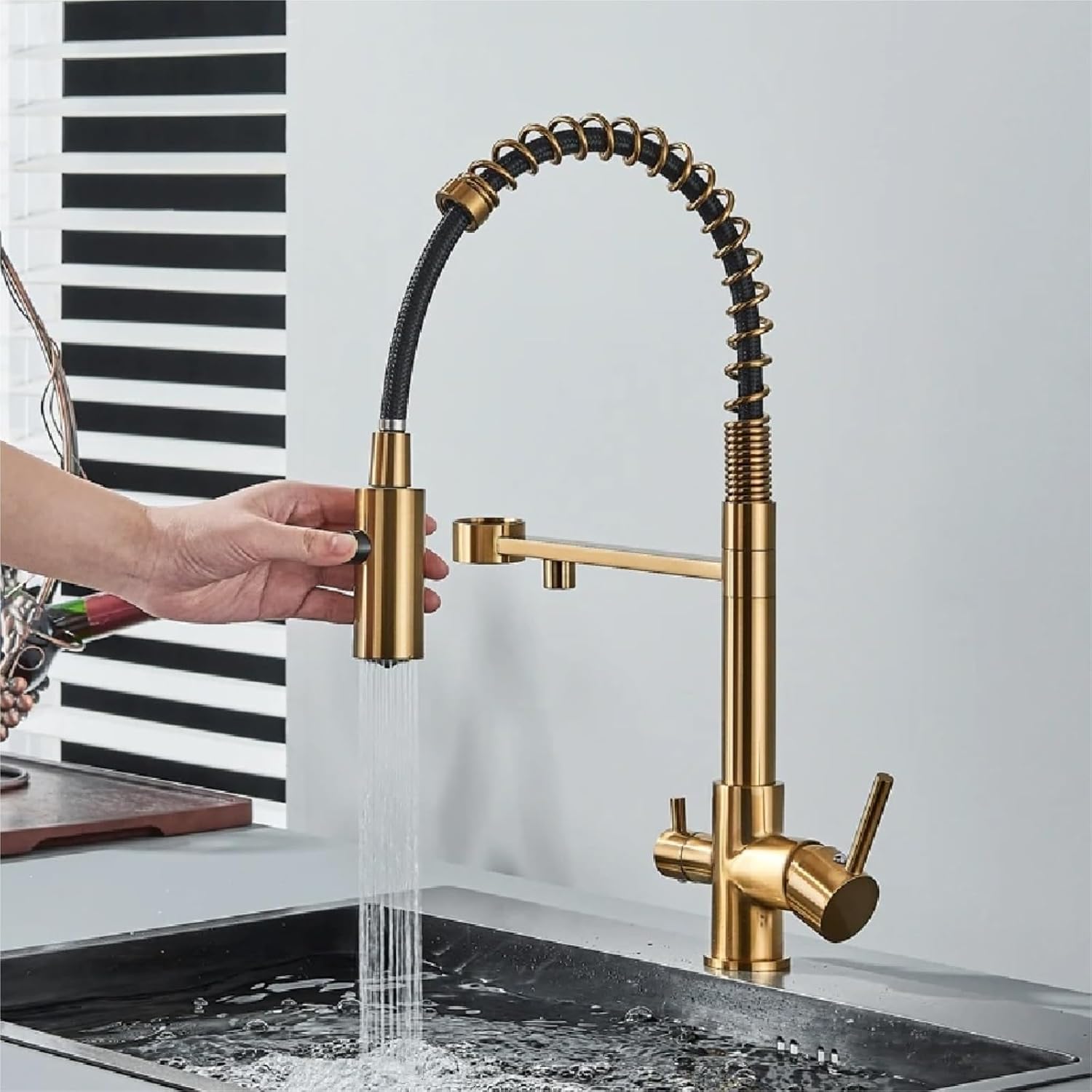 Filtered Kitchen Faucet Pure Drinking Water Brass Kitchen Tap Daul Spout Water Purifier Faucet(Brushed Gold)