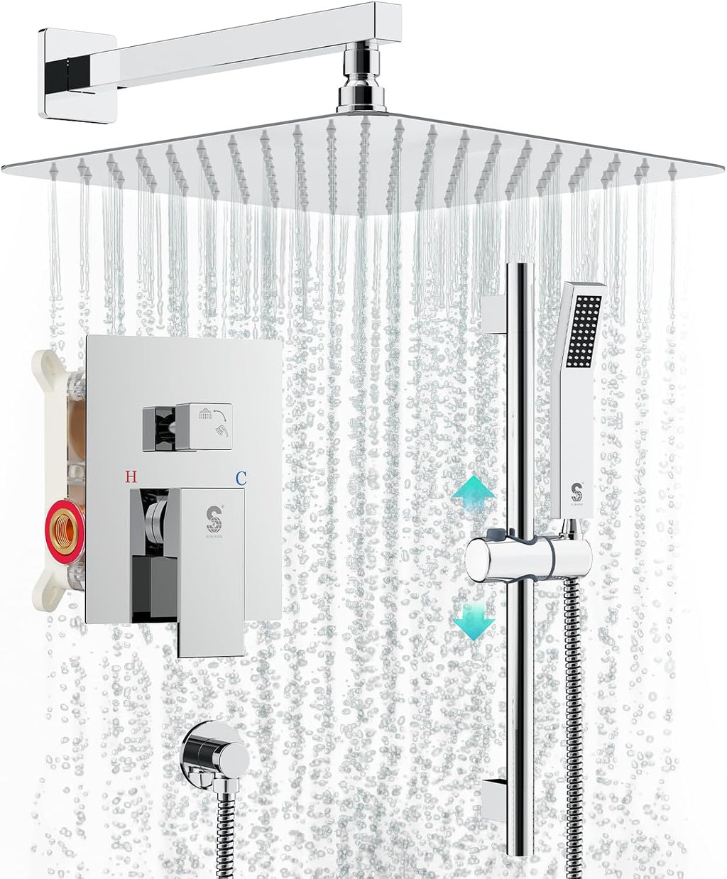 SR SUN RISE 10 Inch Square Shower Faucet, Adjustable 16-Inch Slide Bar Hand Held Shower with Hose, Square Rain Shower Head and Handheld Spray Included Valve and Shower Trim Kit, Polished Chrome