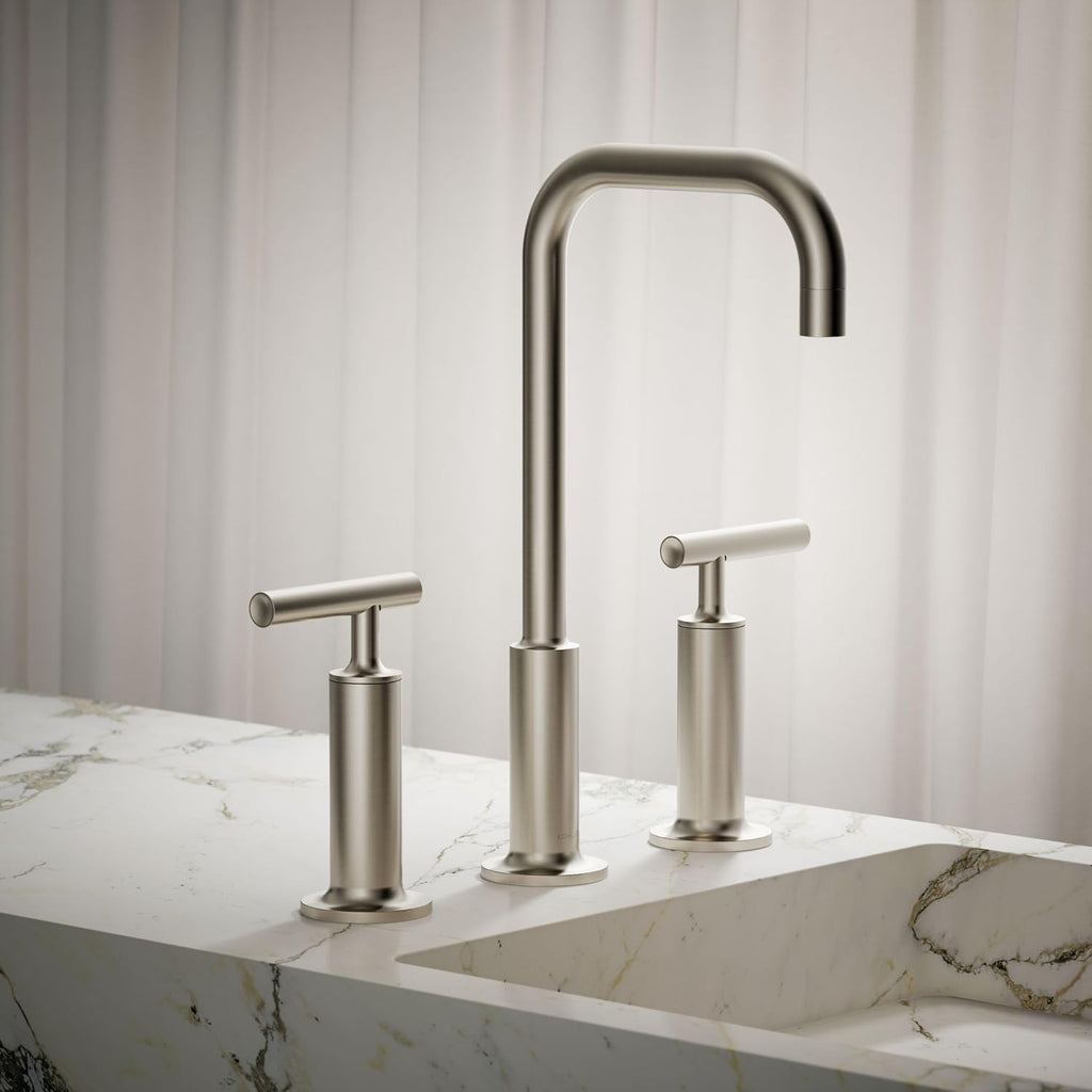 KOHLER K-14408-4-BN Purist® Widespread Bathroom Sink Faucet, 3-Hole, Widespread High Lever Handles and High Gooseneck Spout, 1.2 GPM, Vibrant Brushed Nickel