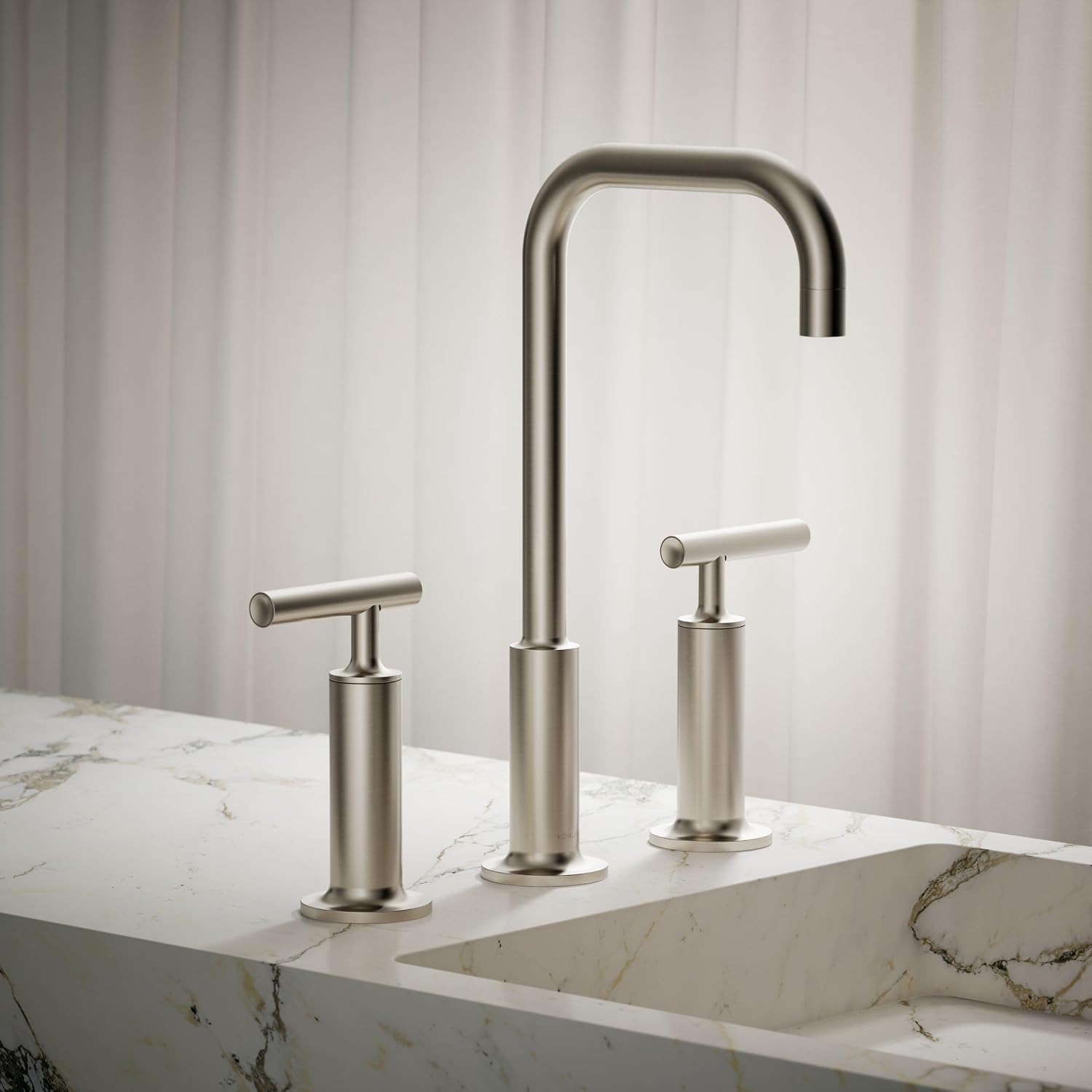 KOHLER K-14408-4-BN Purist® Widespread Bathroom Sink Faucet, 3-Hole, Widespread High Lever Handles and High Gooseneck Spout, 1.2 GPM, Vibrant Brushed Nickel