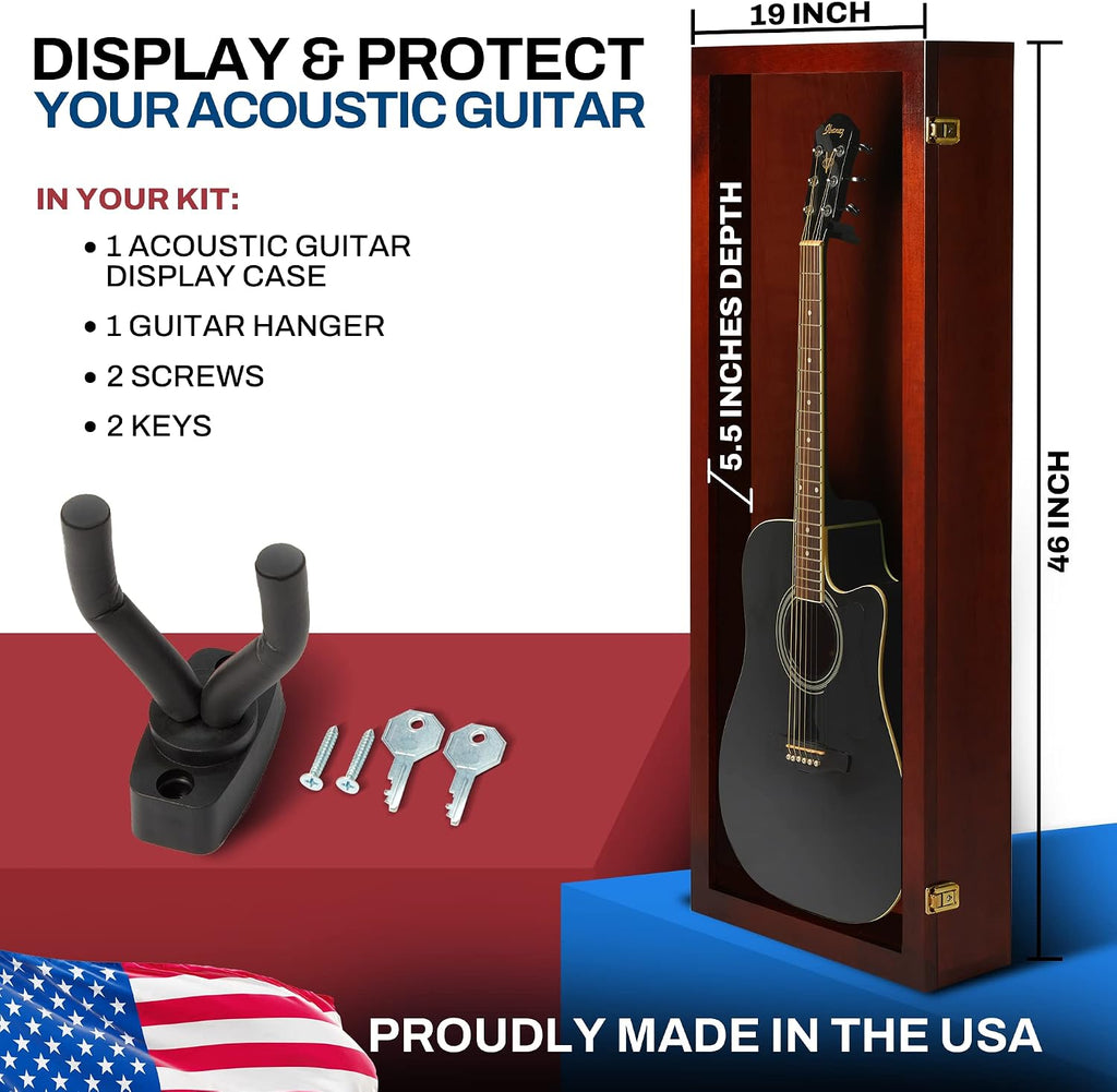 PENNZONI Acoustic Guitar Display Case - Acrylic Acoustic Guitar Case - Guitar Display Case Wall Mount Made from Hardwood Frame & Clear Acrylic - Cherry w/No Felt