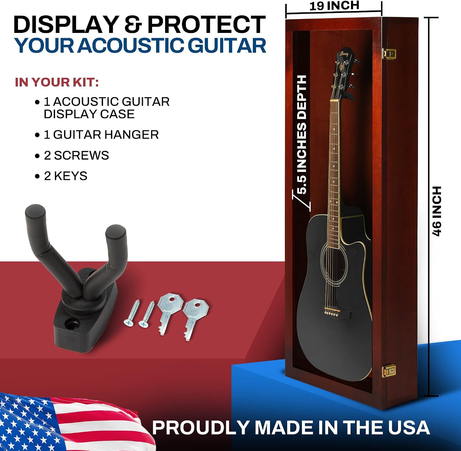 PENNZONI Acoustic Guitar Display Case - Acrylic Acoustic Guitar Case - Guitar Display Case Wall Mount Made from Hardwood Frame & Clear Acrylic - Cherry w/No Felt