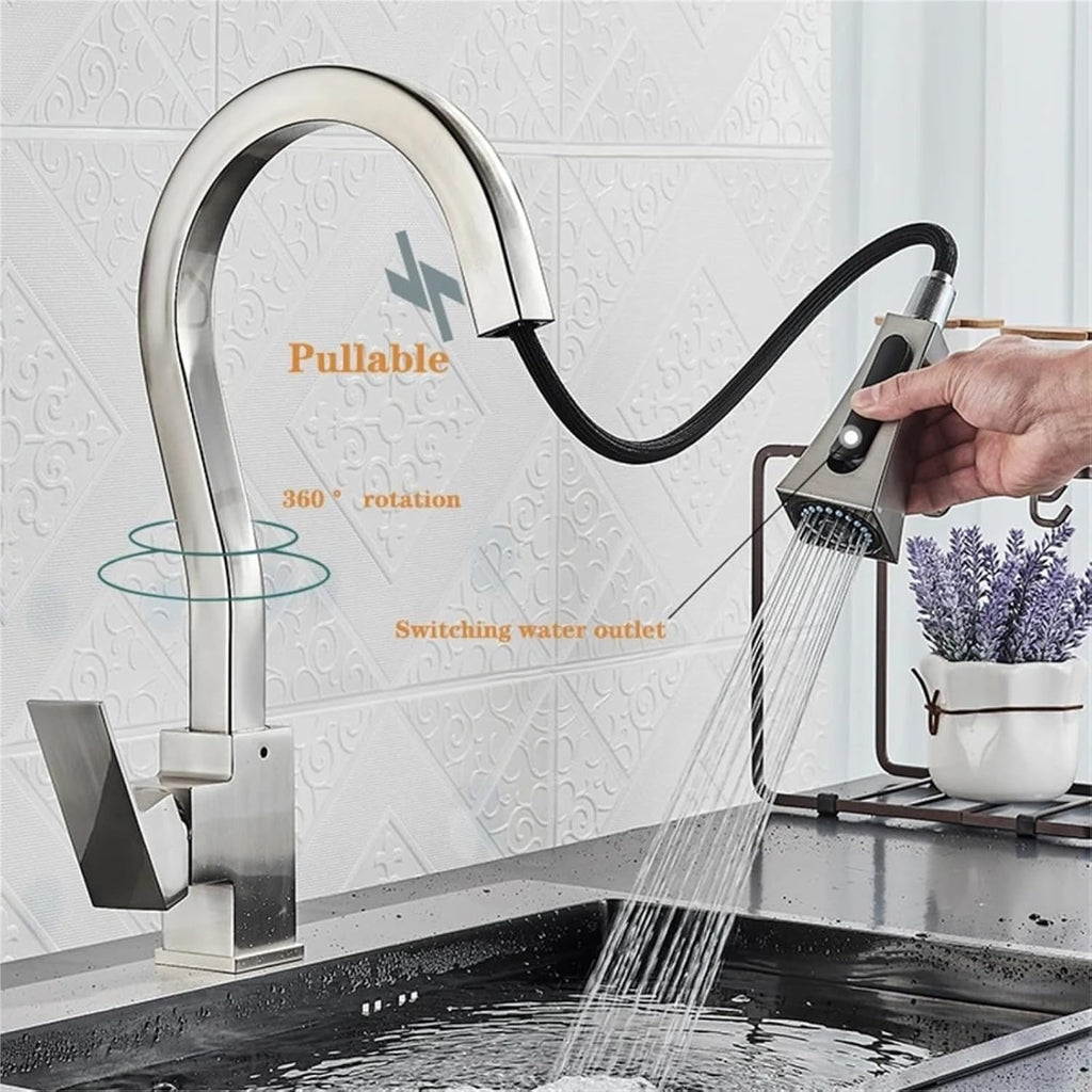 Kitchen Pull-Out Faucets Sink Mixer Two Function Single Handle Hot and Cold Water Crane Deck Mounted(Black Gold)