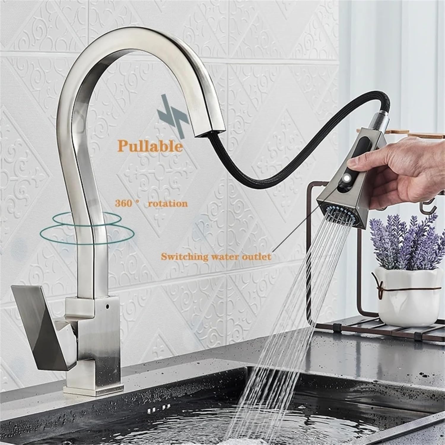 Kitchen Pull-Out Faucets Sink Mixer Two Function Single Handle Hot and Cold Water Crane Deck Mounted(White Gold)