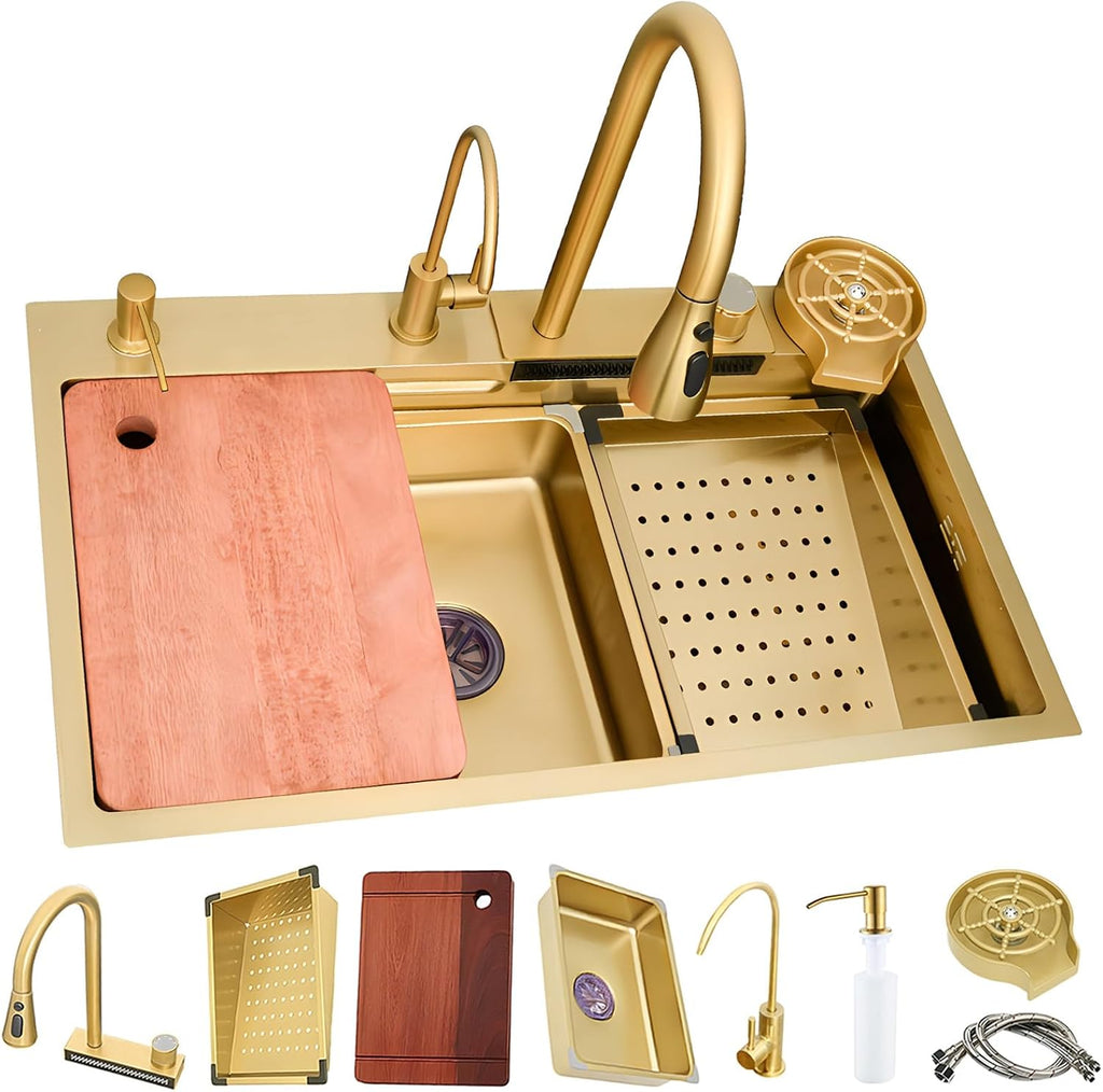 Gold Waterfall Sink - Handmade Multifunctional Kitchen Workstation Sink Ergonomic Single Bowl Dishwashing Sink 75X45X22Cm Elegant Household Design For Modern Kitchens,3434 One Color 75X45X22Cm