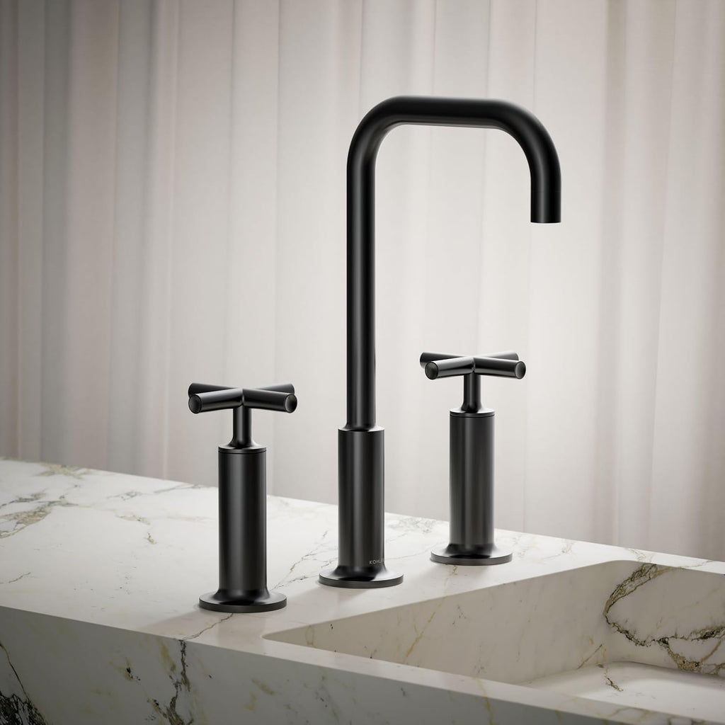 KOHLER K-14408-3-BL Purist® Widespread Bathroom Sink Faucet, 3-Hole, Widespread High Cross Handles and High Gooseneck Spout, 1.2 GPM, Matte Black