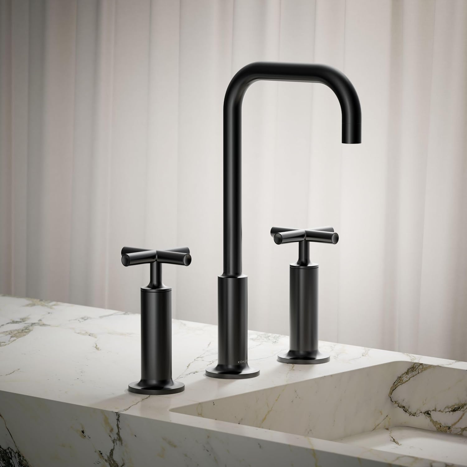 KOHLER K-14408-3-BL Purist® Widespread Bathroom Sink Faucet, 3-Hole, Widespread High Cross Handles and High Gooseneck Spout, 1.2 GPM, Matte Black