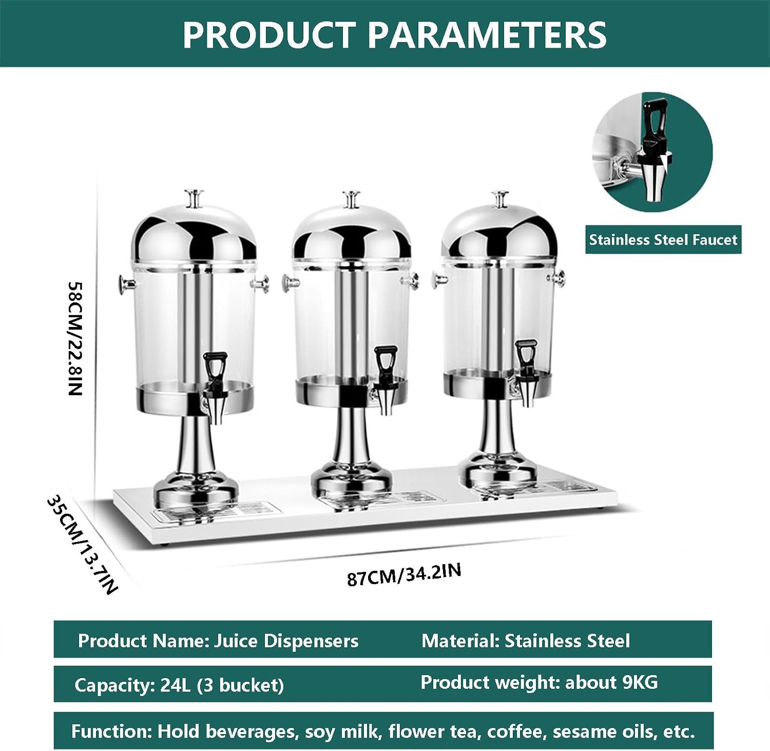 24L Commercial Beverage Juice Dispenser | Cold & Warm Drink Dispenser with Tap | Chillers & Water Fountains Three Head Juice Dispensers for Flower Tea, Soy Milk，Silver