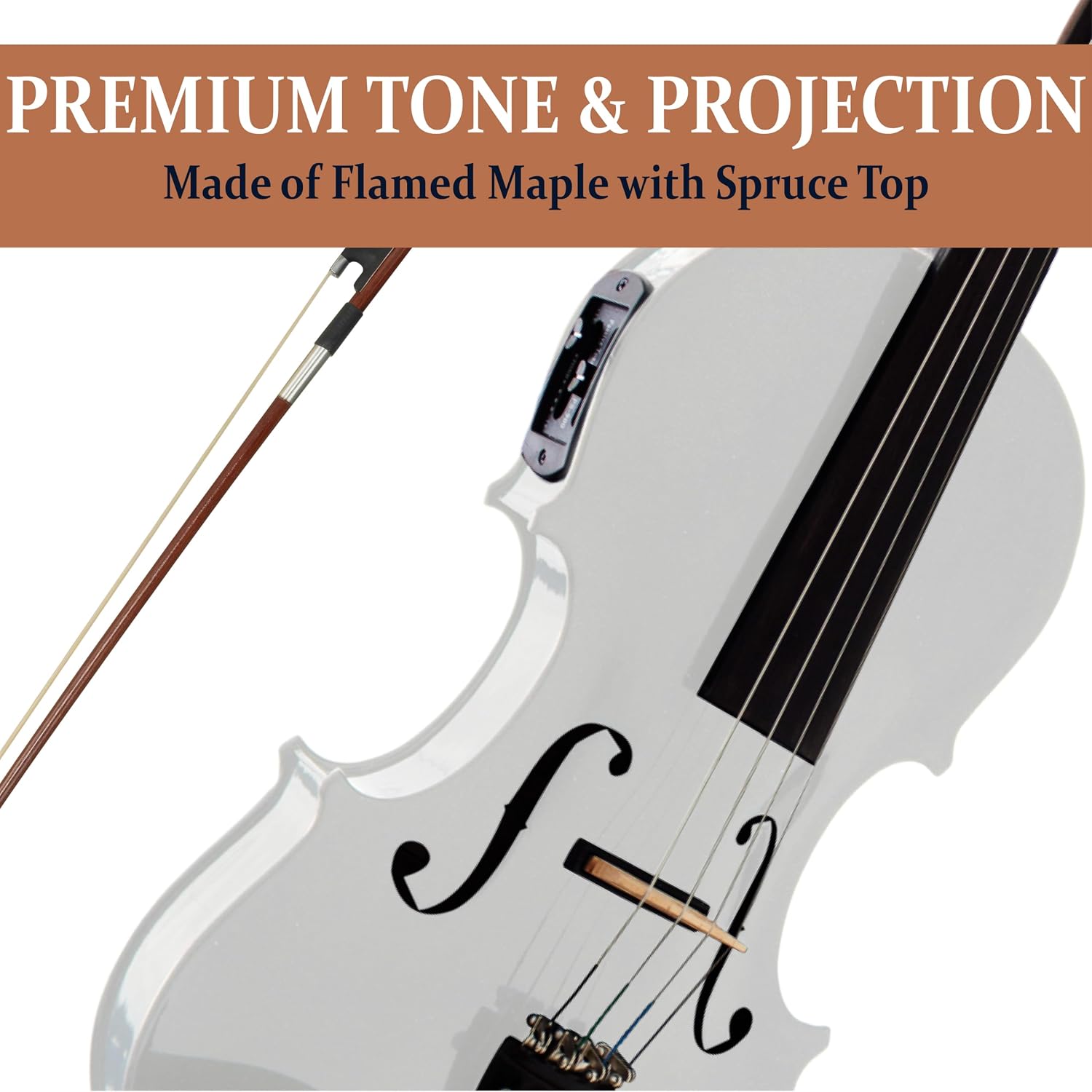 Cecilio 4/4 Full Size Acoustic & Electric Violin for Beginners & Professionals, Hand-Carved Solid Spruce Top, Ebony Fine Tuners, Full Set with Case, Bow, Rosin & AUX Cable (Pearl White)