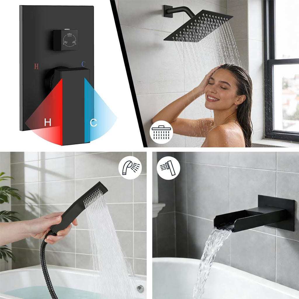 Midanya Rain Shower System Tub Shower Faucet Set Square Rainfall Waterfall Shower Head with Handheld Sprayer Tub Spout Combo Wall Mounted bathtub faucet set Rough-in Valve, 8 Inch Matte Black