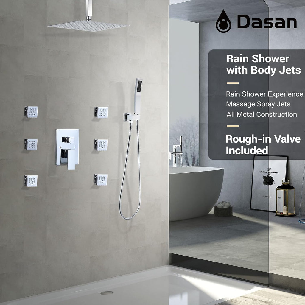 DASAN Full Body Shower System with 6 PCS Body Spray Jets & 12'' Rain Shower Head & Handheld, Ceiling Mount Rain Shower System Polished Chrome Shower Faucets Sets Complete with Valve, SA-SS03ACH-S12C