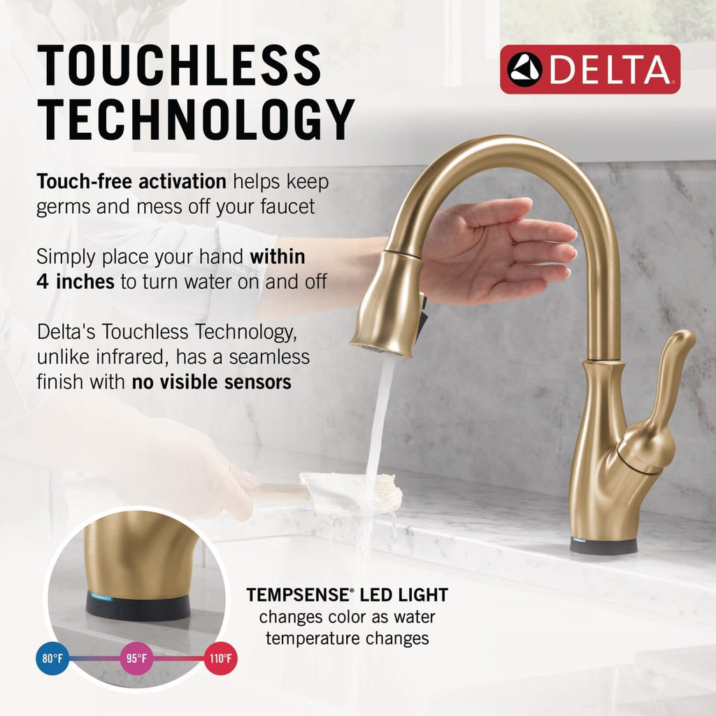 Delta Leland Touchless Kitchen Faucet with Touch Technology, Brushed Gold Kitchen Sink Faucet with Pull Down Sprayer, Single Hole, Champagne Bronze 9178TL-CZ-DST