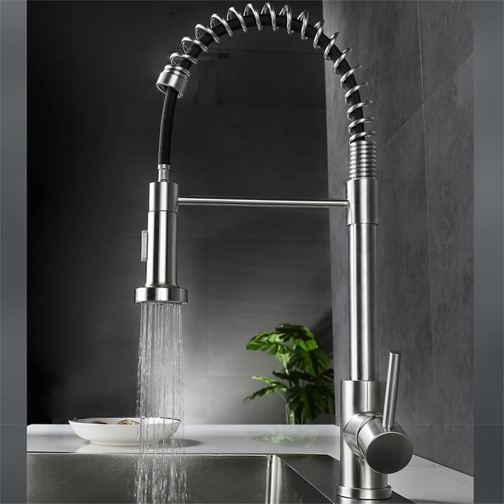 Kitchen Faucet Pull Out Spring Cold and Hot Water Sink Mixer Spray Tap Deck Mounted Stainless Steel Single Handle Tap(Brushed Nickel)
