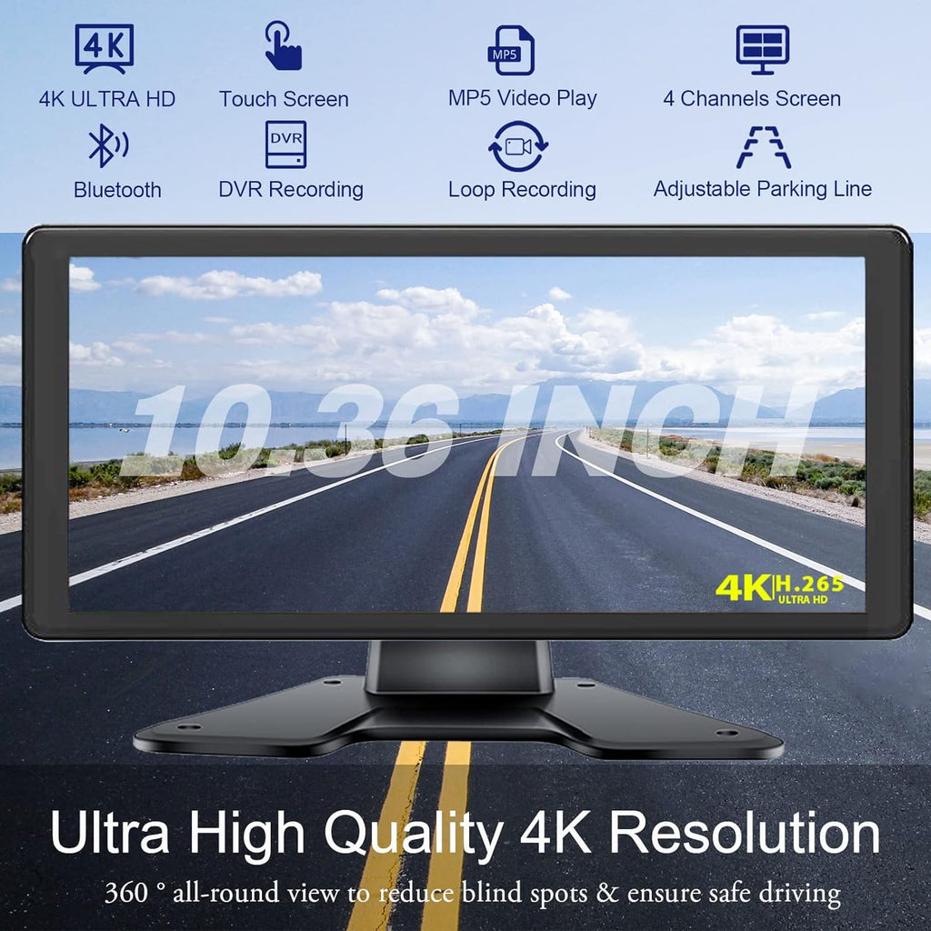 4K RV Backup Camera System 10.36' Quad Split Touch Screen Monitor with 4 1080P Rear Side View Camera, DVR Recording Bluetooth MP3 MP5 IP69 Waterproof Night Vision for RV Truck Trailer Tractor
