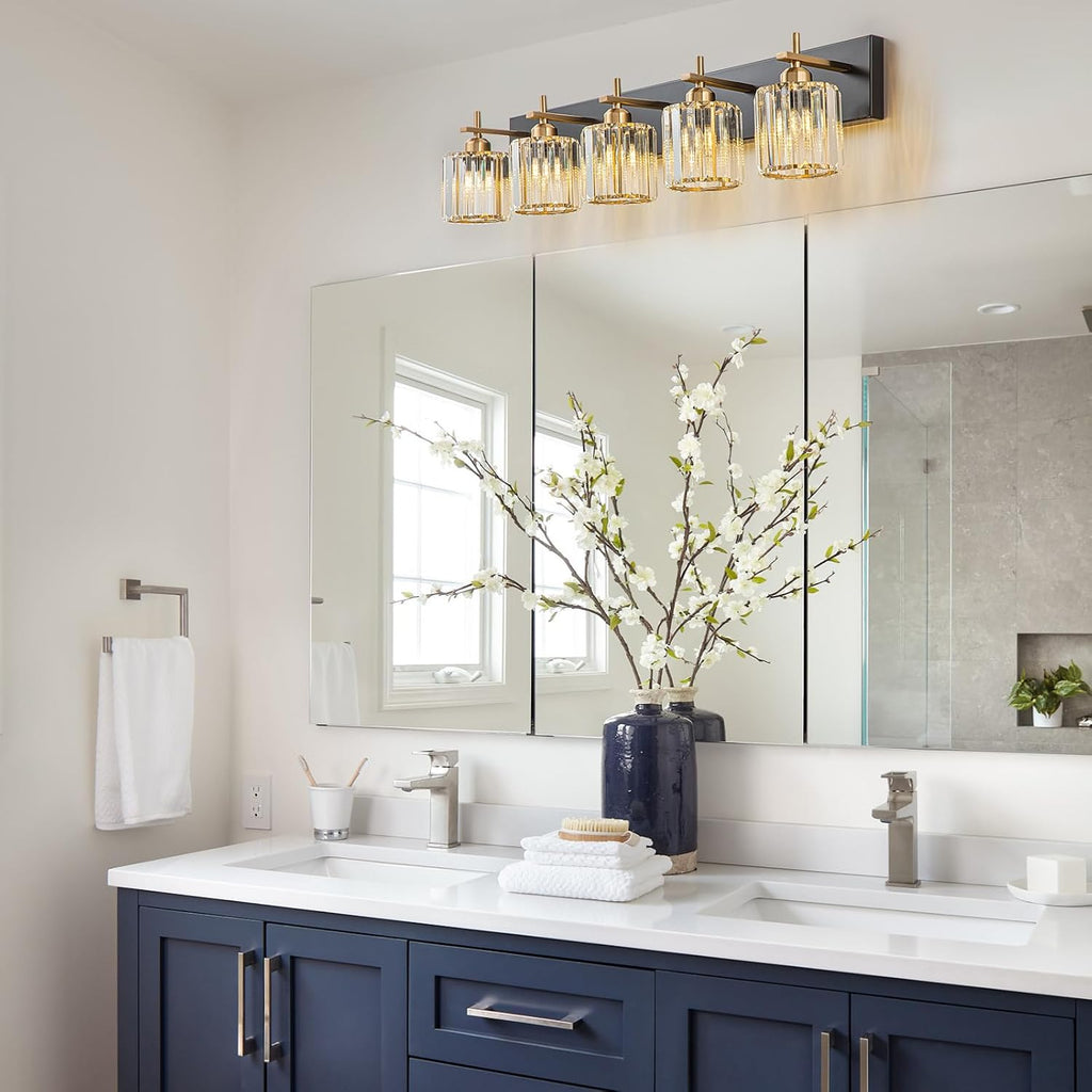 Modern Crystal Bathroom Vanity Lights, Black Gold 5-Lights Bathroom Light Fixtures Over Mirror, Crystal Wall Lighting with Polished Gold Finish(Exclude Bulb)