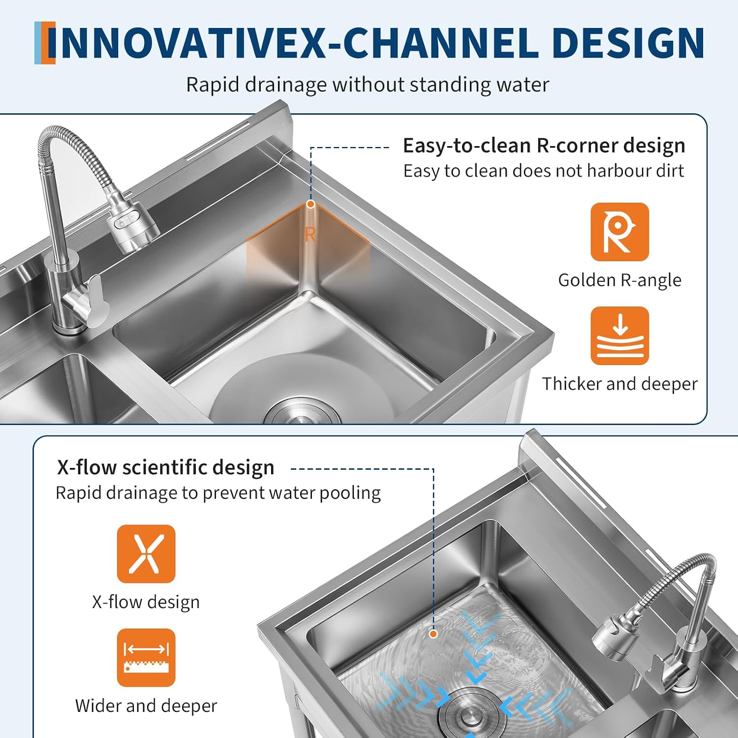 Garvee 2 Compartment Stainless Steel Commercial Sink, Double Bowl Utility Sink with 360° Swivel Faucet, Storage Shelf & Adjustable Feet, Freestanding Prep Sink for Restaurant, Garage, Workshop, Outdoo