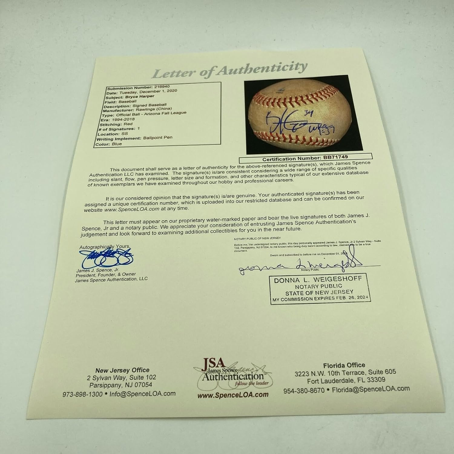 Historic Bryce Harper MLB Debut 10-20-2010 Signed Game Used Baseball JSA COA - MLB Autographed Game Used Baseballs