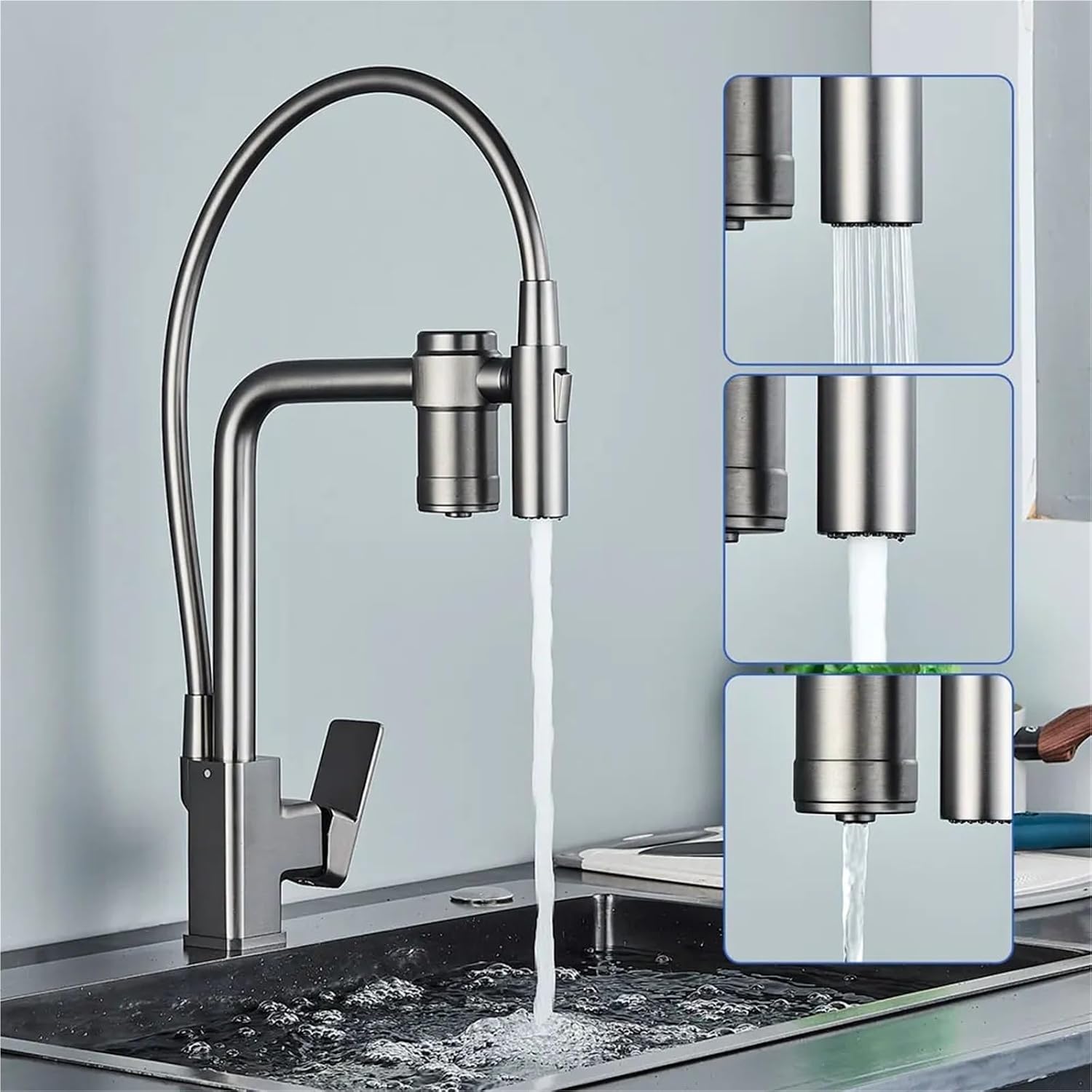 Brass Pull Out Filtered Kitchen Faucet Purification Kitchen Faucets Drinking Water Hot Cold Mixer Tap(Gray)