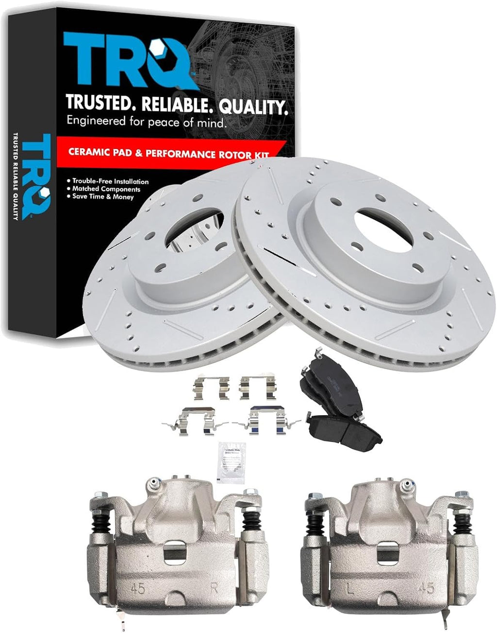 TRQ Performance Front Brake Pad and Rotor Set Ceramic Vented Coated Slotted Drilled Rotors Calipers Compatible with 2010-2013 Nissan Altima
