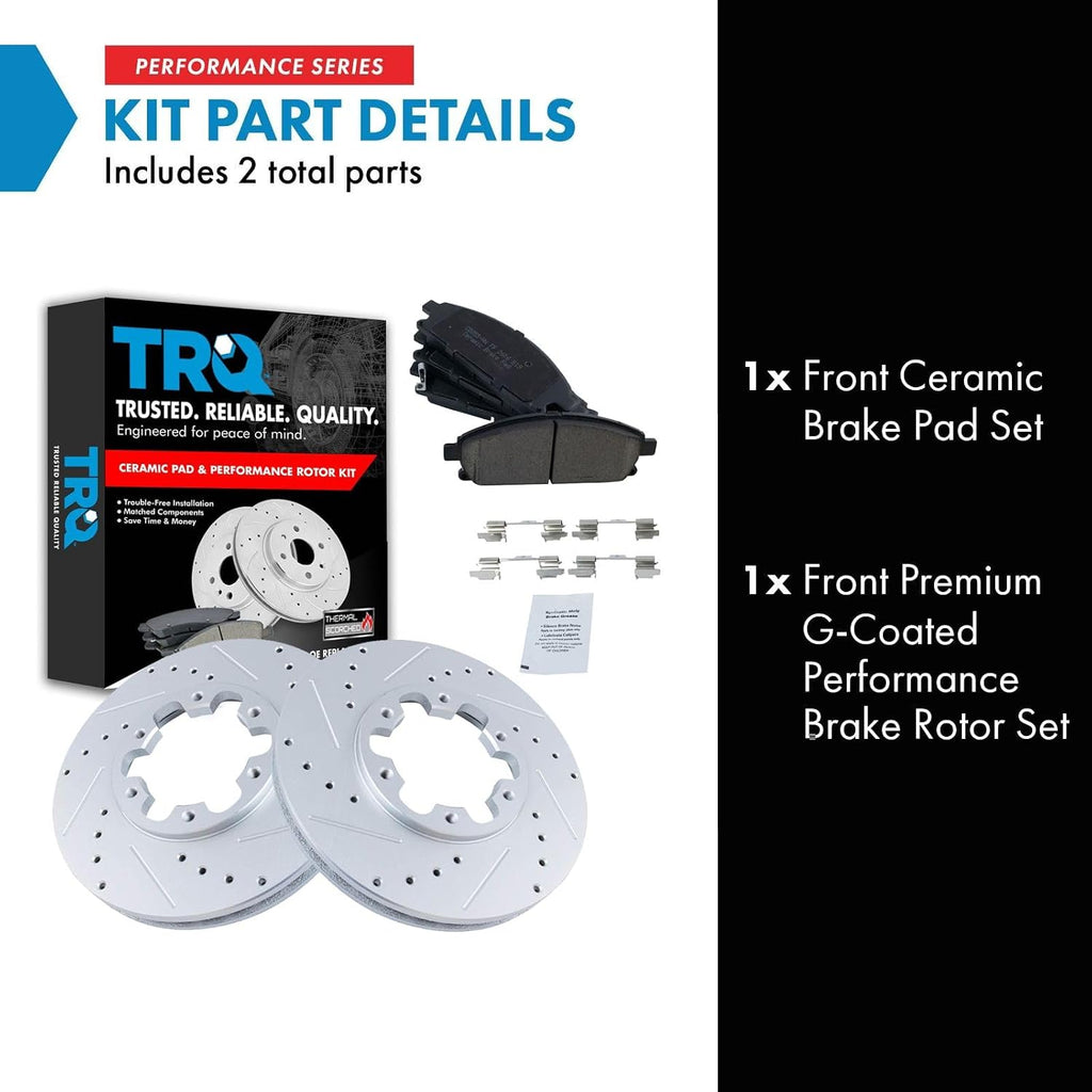 TRQ Performance Front Brake Pad and Rotor Set Ceramic Drilled Slotted G Coated Vented Rotors Compatible with 1997 Infiniti QX4 1996-1998 Nissan Pathfinder