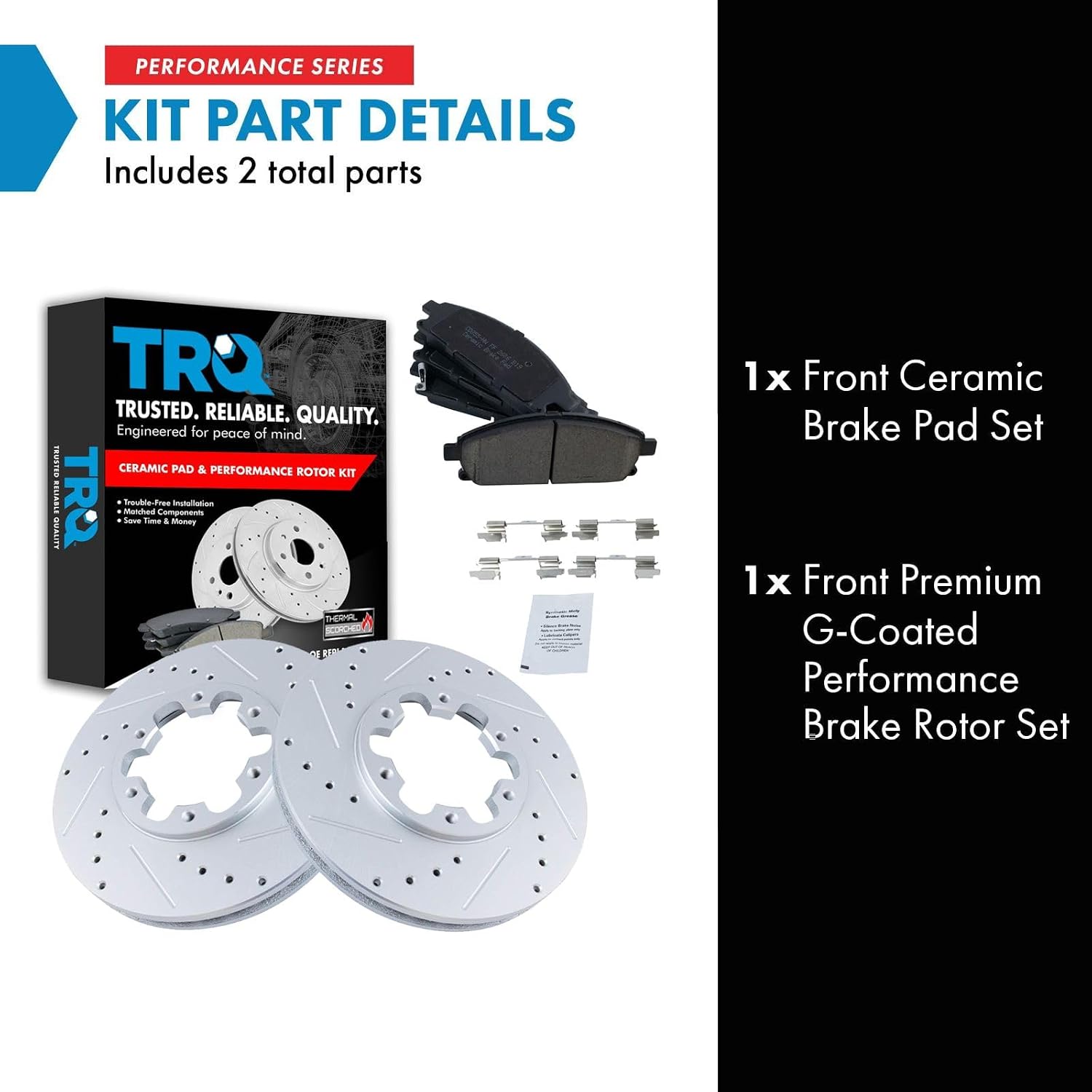 TRQ Performance Front Brake Pad and Rotor Set Ceramic Drilled Slotted G Coated Vented Rotors Compatible with 1997 Infiniti QX4 1996-1998 Nissan Pathfinder