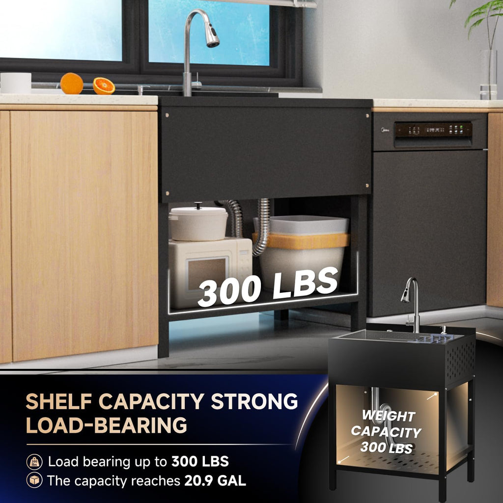 24' Stainless Steel Utility Sink,Freestanding Laundry Room Sink,Commercial Kitchen Sinks with Hot & Cold Water for Garage,Kitchens Outdoor (24x18x36 Black)