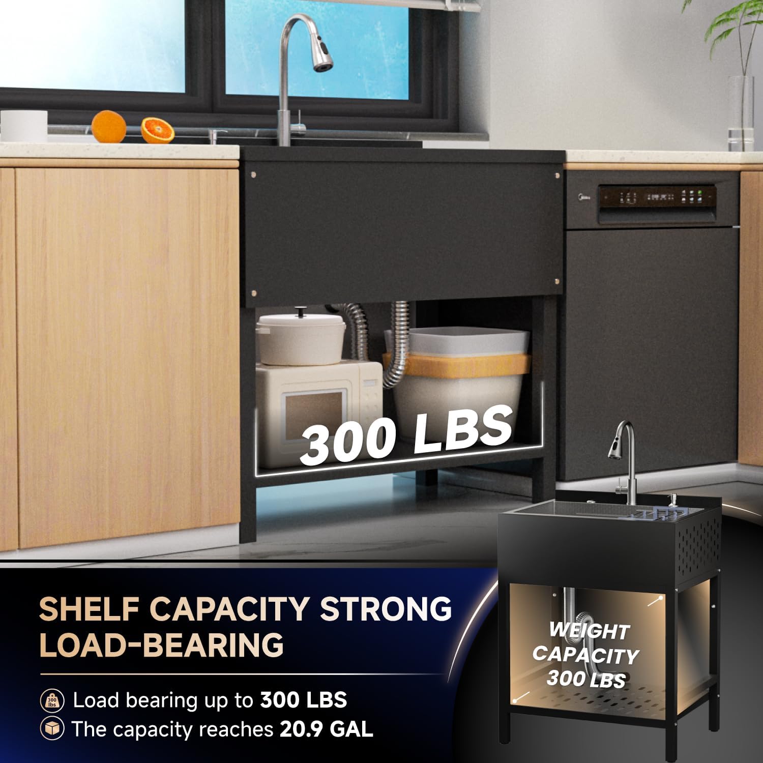 24' Stainless Steel Utility Sink,Freestanding Laundry Room Sink,Commercial Kitchen Sinks with Hot & Cold Water for Garage,Kitchens Outdoor (24x18x36 Black)