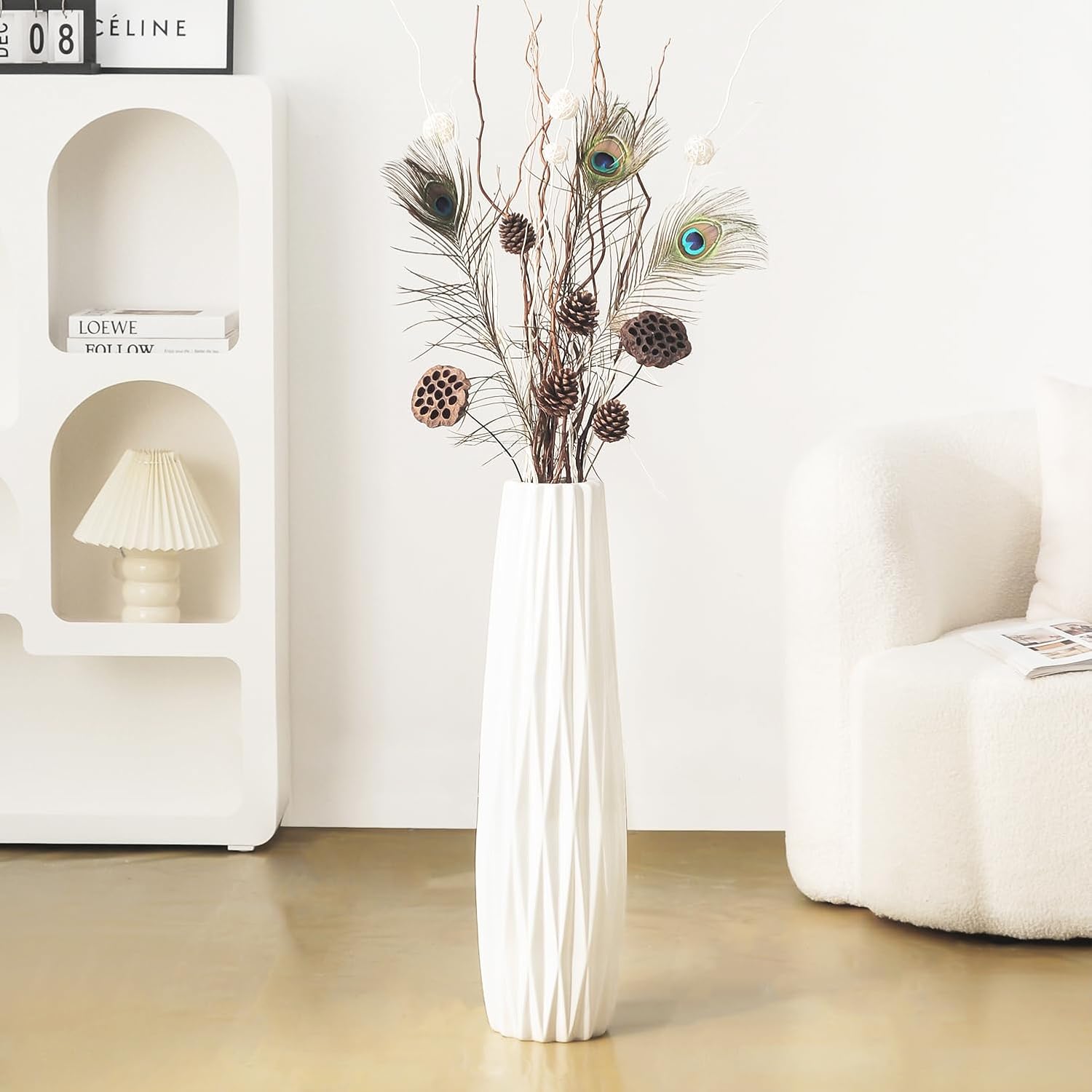 White Tall Floor Vase, 28' Ceramic Decorative Large Vases for Living Room Decor Home Office Bedroom, Modern Big Standing Flower Vase with Glossy Glaze