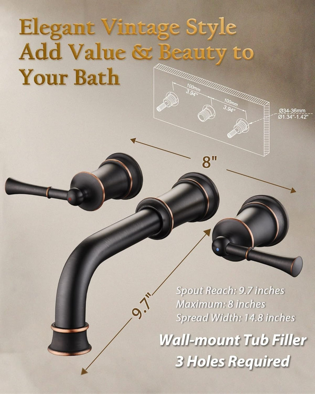 High Flow Wall Mount Tub Filler with Rough-in Valve, Wall Mount Brathtub Faucet, Brass Roman Tub Faucet 2 Handle Bathtub Faucet 360° Swivel Spout, Oil Rubbed Bronze(B2306-ORB)