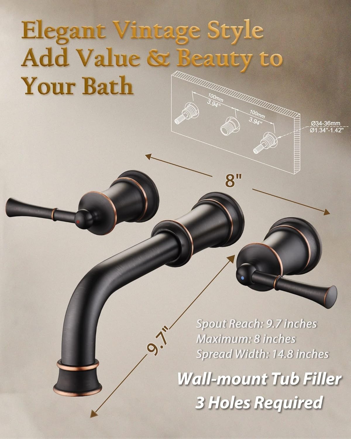 High Flow Wall Mount Tub Filler with Rough-in Valve, Wall Mount Brathtub Faucet, Brass Roman Tub Faucet 2 Handle Bathtub Faucet 360° Swivel Spout, Oil Rubbed Bronze(B2306-ORB)