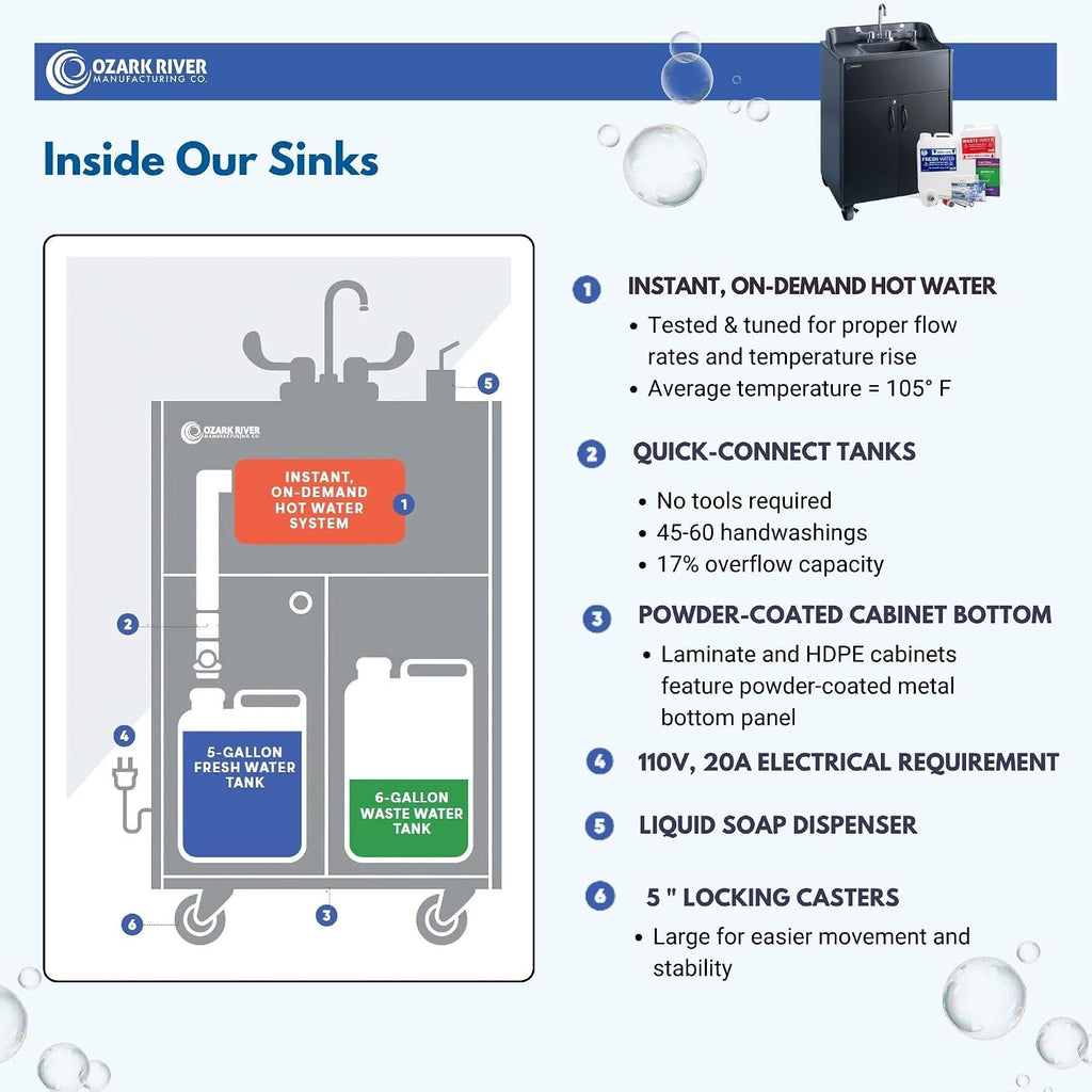 Ozark River Portable Sinks Premier Black & Clean Start Kit Bundle, Black Laminate-ABS, Portable Sink with Hot Water, Self-Contained Sink, Portable Hand Washing Station, 110V