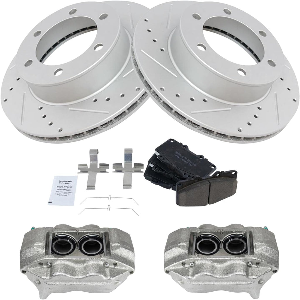 TRQ Performance Front Brake Pad and Rotor Set Ceramic Vented Coated Rotors Calipers Compatible with 2004 Toyota Tacoma