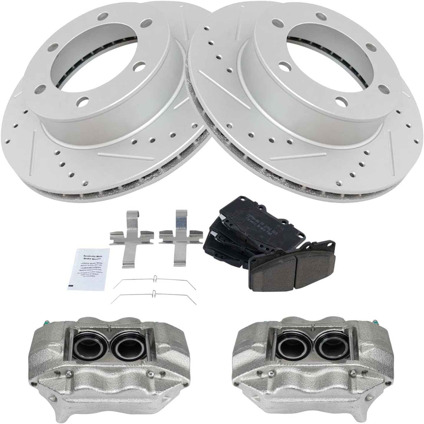 TRQ Performance Front Brake Pad and Rotor Set Ceramic Vented Coated Rotors Calipers Compatible with 2004 Toyota Tacoma