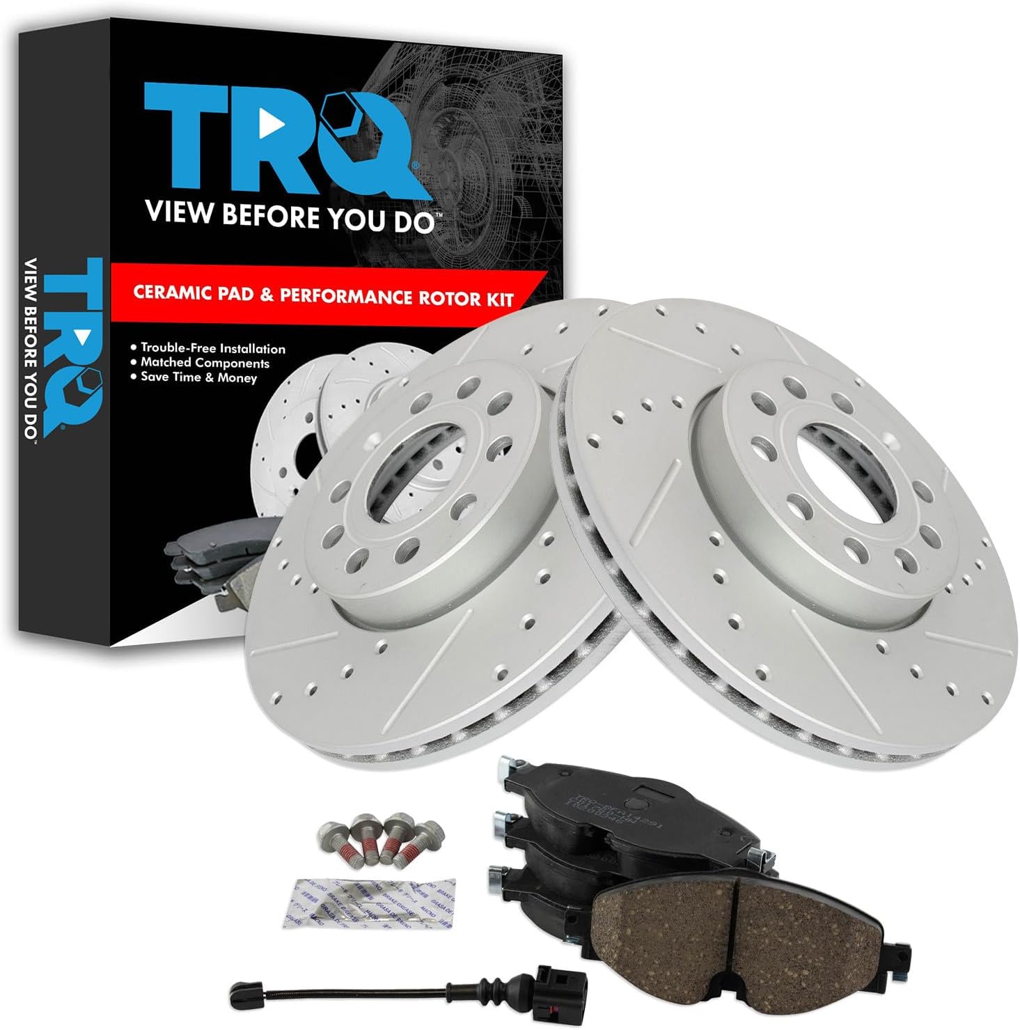 TRQ Performance Front Brake Pad and Rotor Set Ceramic Coated Drilled Slotted Rotors Compatible with 2015-2016 Audi A3 2015-2021 Volkswagen e-Golf Golf 2015-2019 SportWagen 2019-2021 Jetta